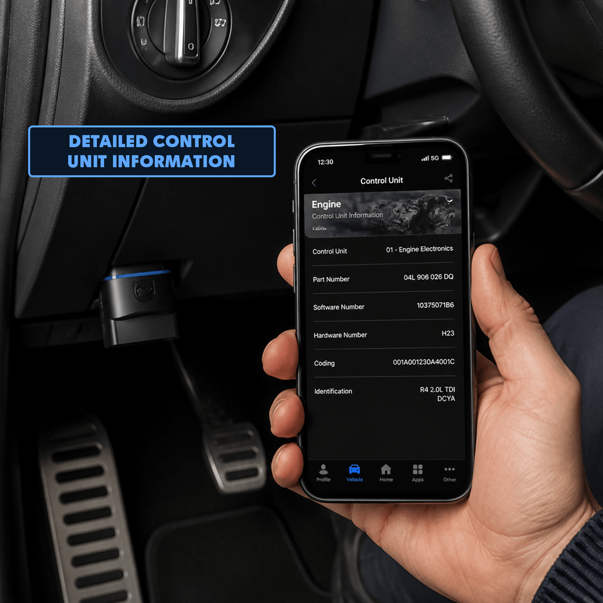 Smartphone screen displaying detailed vehicle control unit information connected to car OBD2 diagnostic port