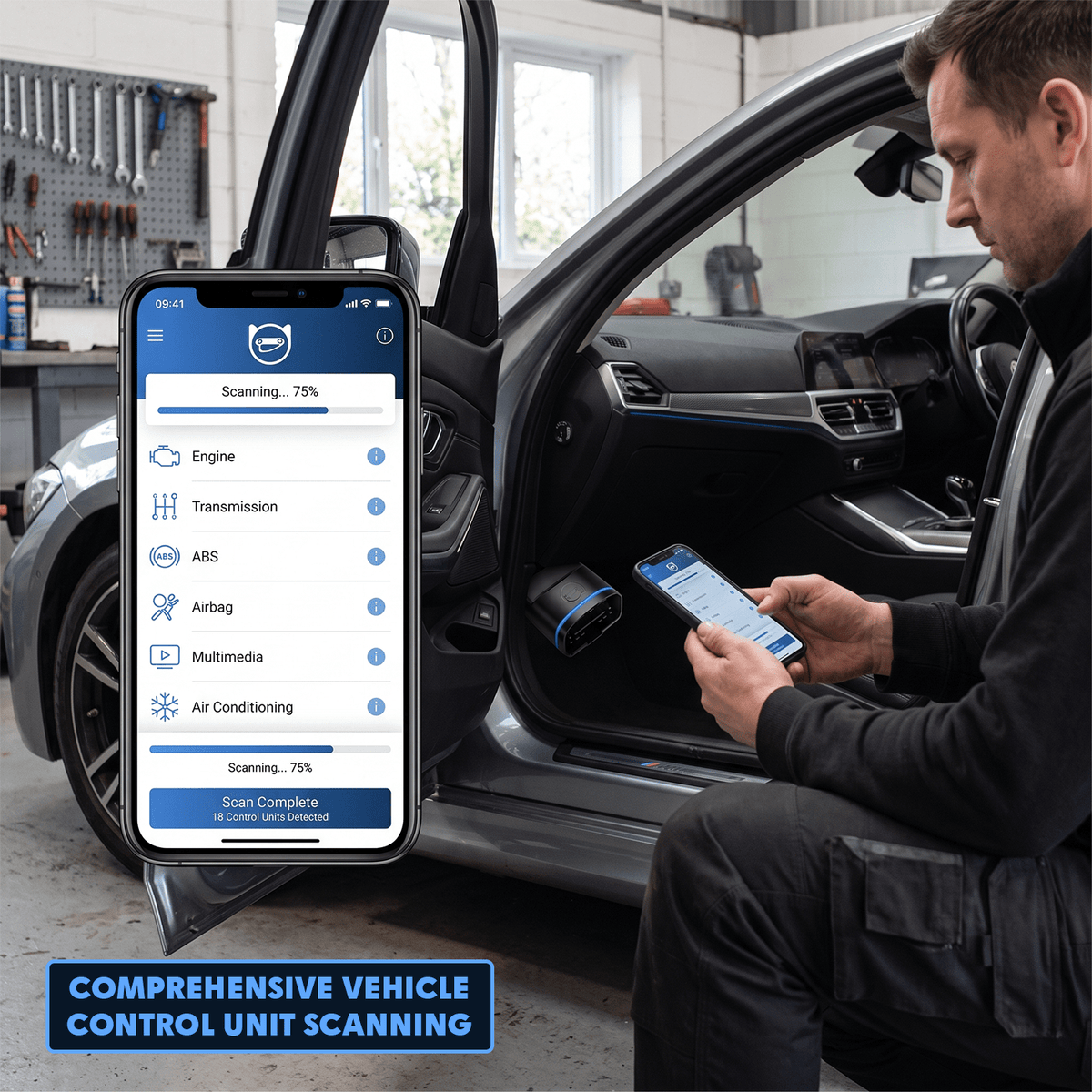Mechanic performing full vehicle control unit scan using wireless Bluetooth OBD2 scanner in workshop