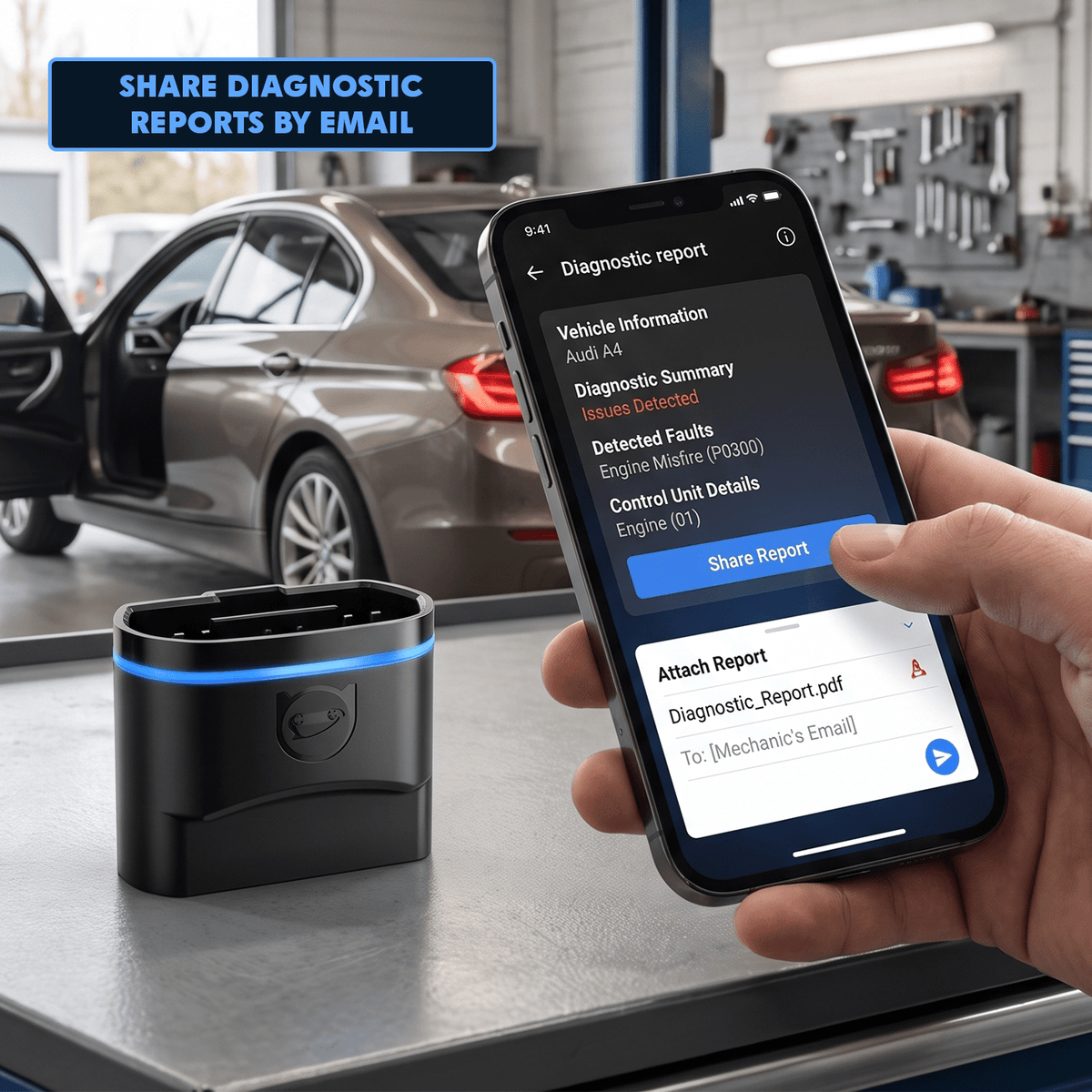 Sharing car diagnostic fault report PDF via email on smartphone using Bluetooth OBD2 scanner
