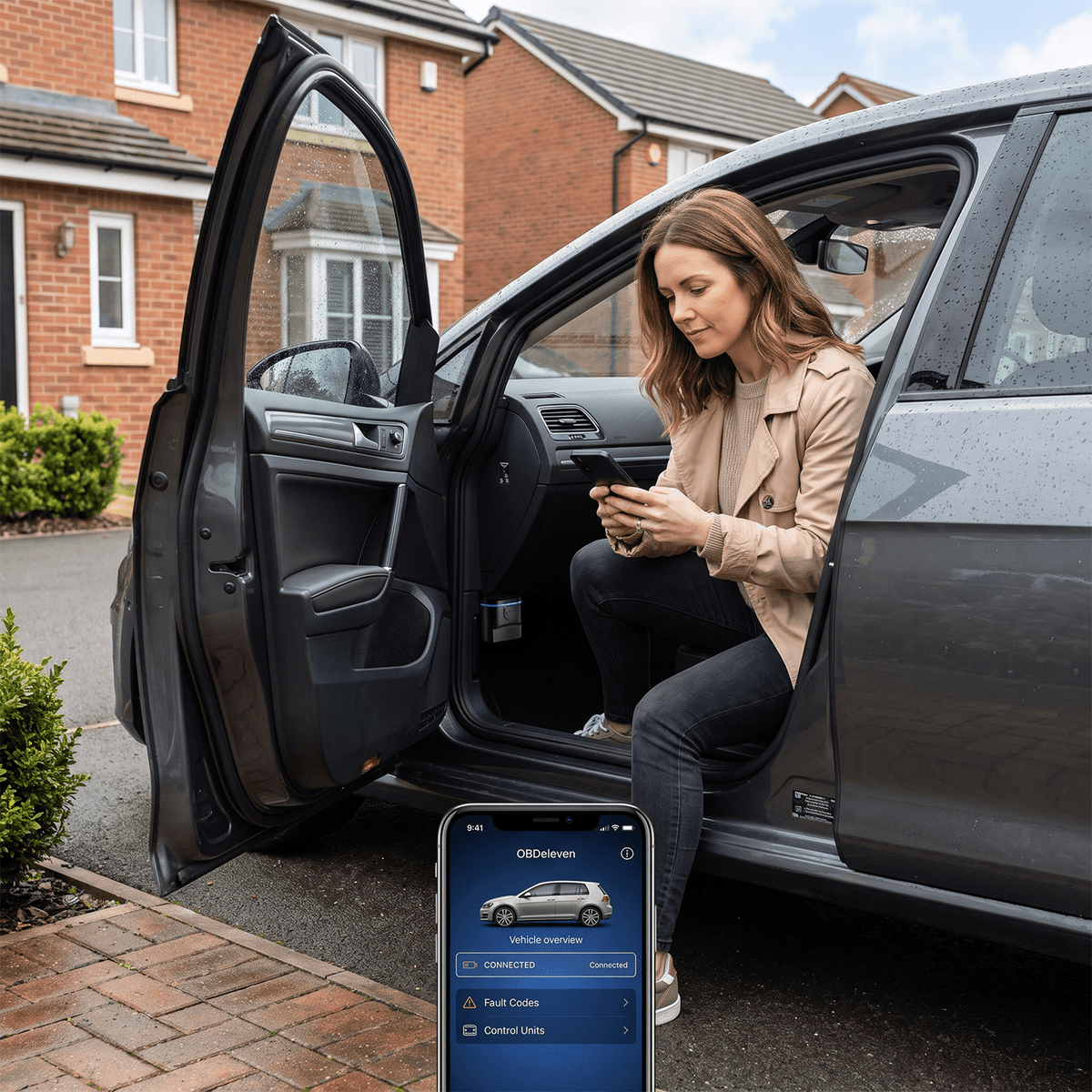 Driver checking car fault codes and vehicle status on mobile phone with wireless OBD2 port scanner