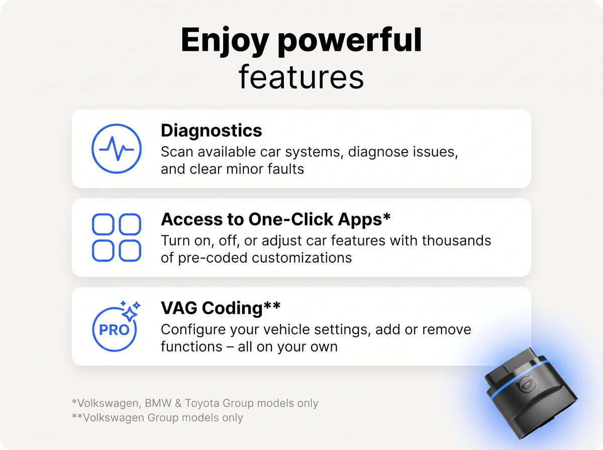 Promotional graphic for a Volkswagen, BMW, and Toyota Group diagnostic tool, highlighting features like diagnostics and One-Click Apps on a light gray background.