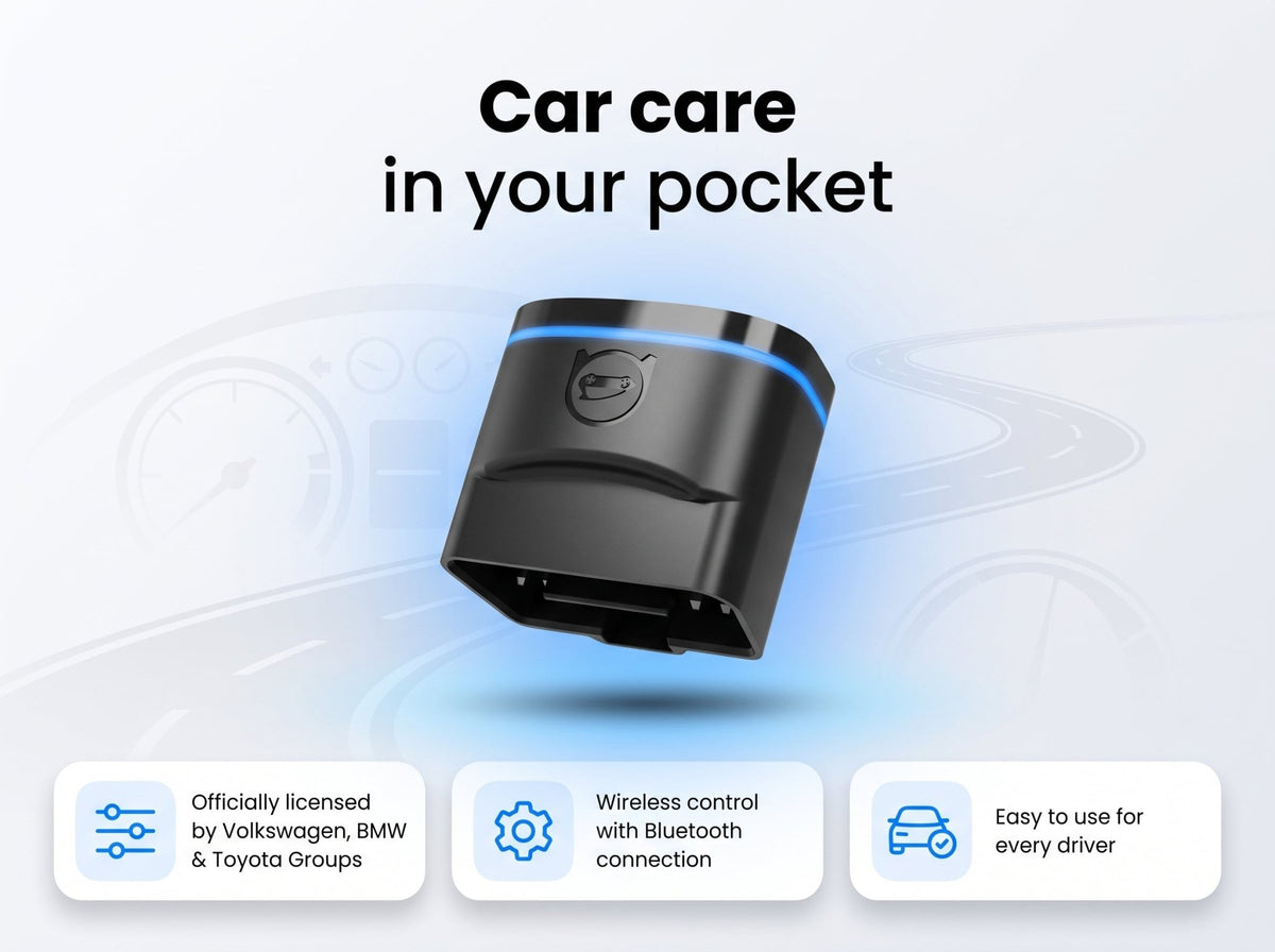 A black car accessory device with a blue light strip, shown floating on a light blue graphic background with the text 'Car care in your pocket' and three feature callouts below.
