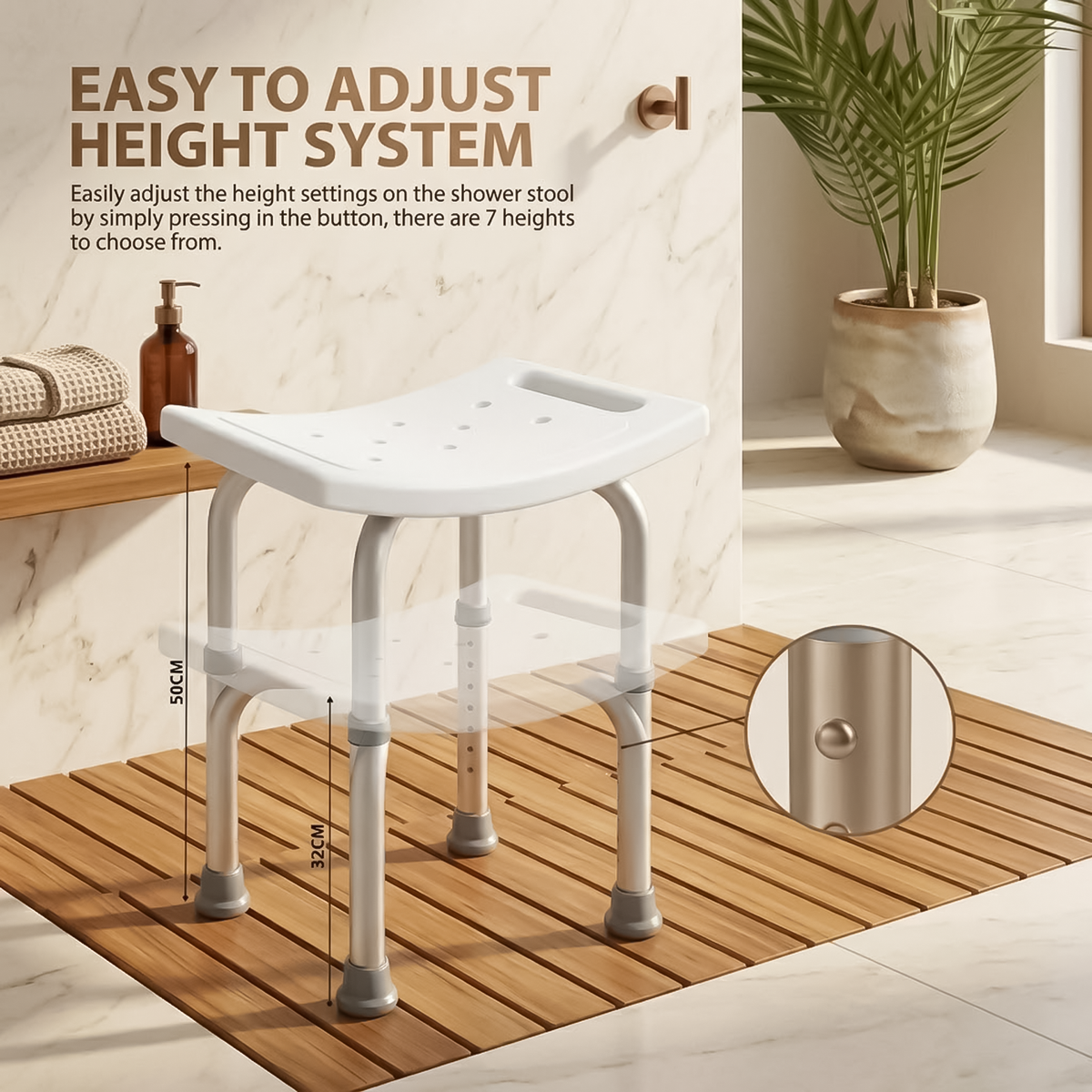 Non-slip shower stool with adjustable height