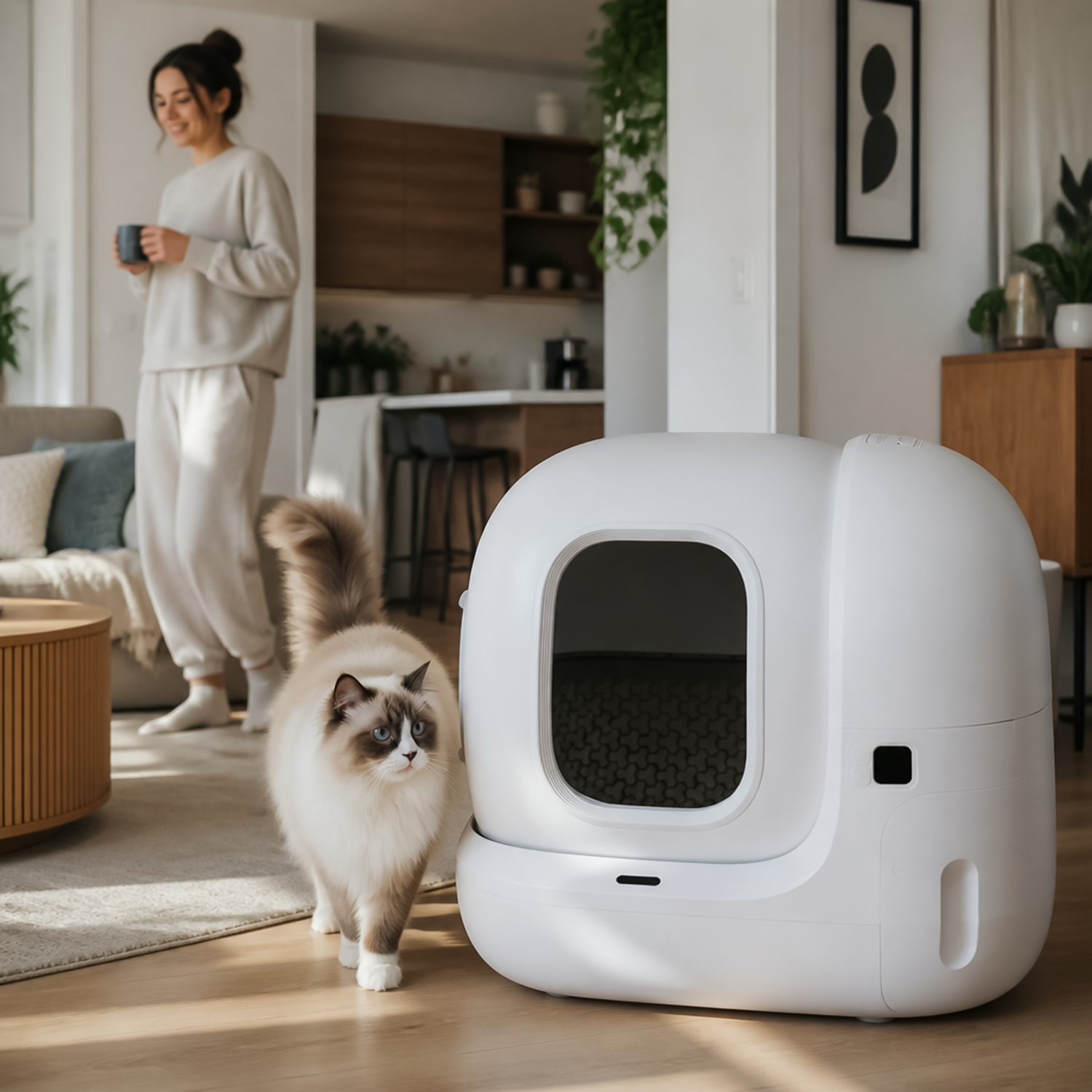 Fluffy Ragdoll cat walking past a modern self-cleaning cat litter box in the living room