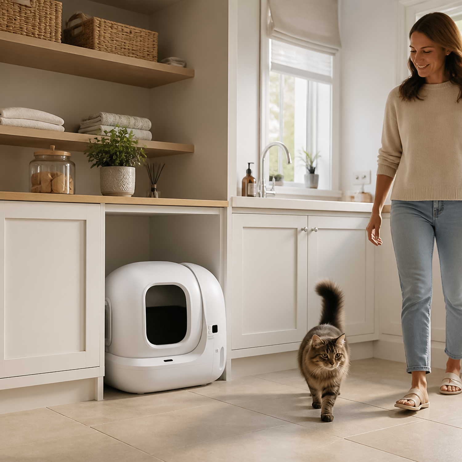 Long-haired cat walking away from an automatic cat litter box tucked under a kitchen island counter.