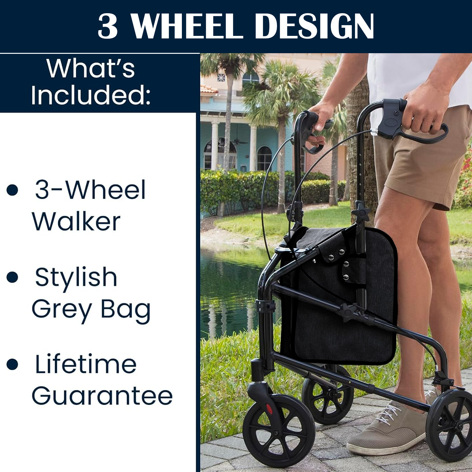 Portable 3-wheeled walker with basket