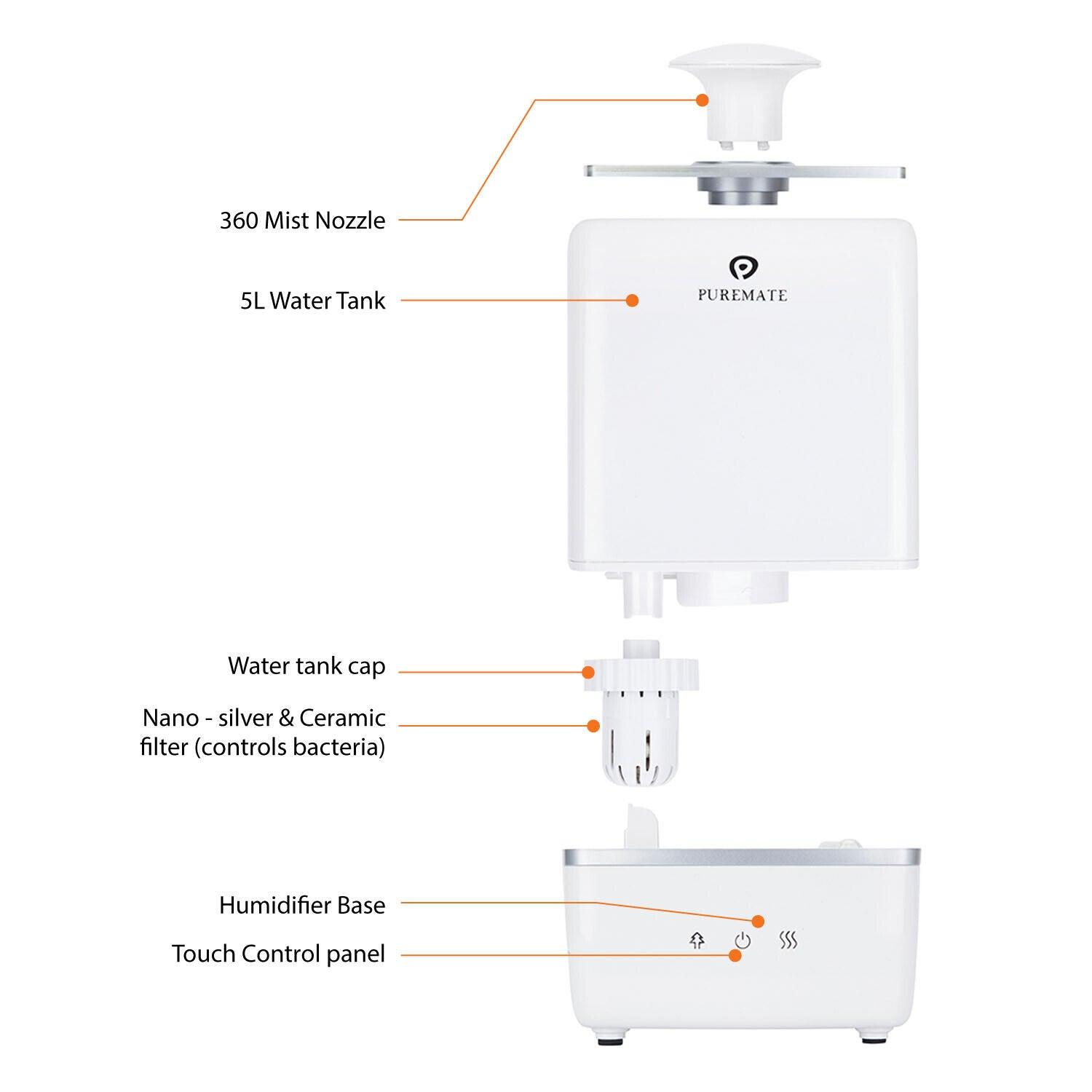 Air Humidifier for Room - 5L Ultrasonic Cool & Hot Mist Humidifier Ioniser & Aroma Diffuser