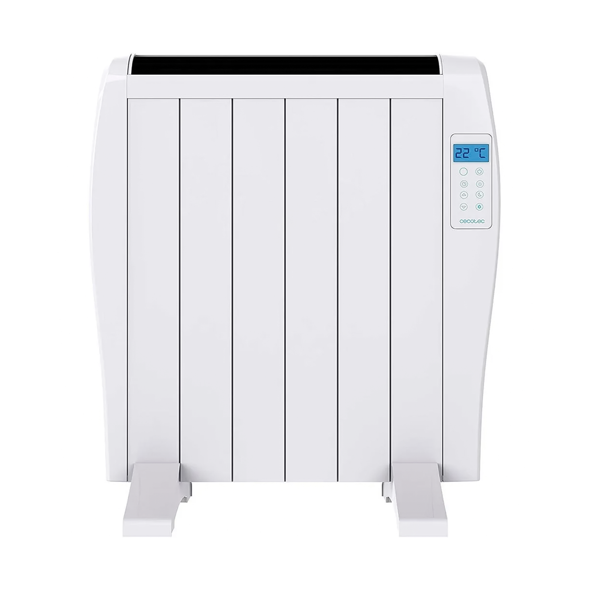 Front view of white 6 element electric thermal radiator with digital LED display on standing on standing feet.
