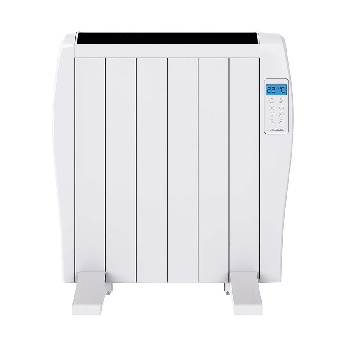 Front view of white 6 element electric thermal radiator with digital LED display on standing on standing feet.