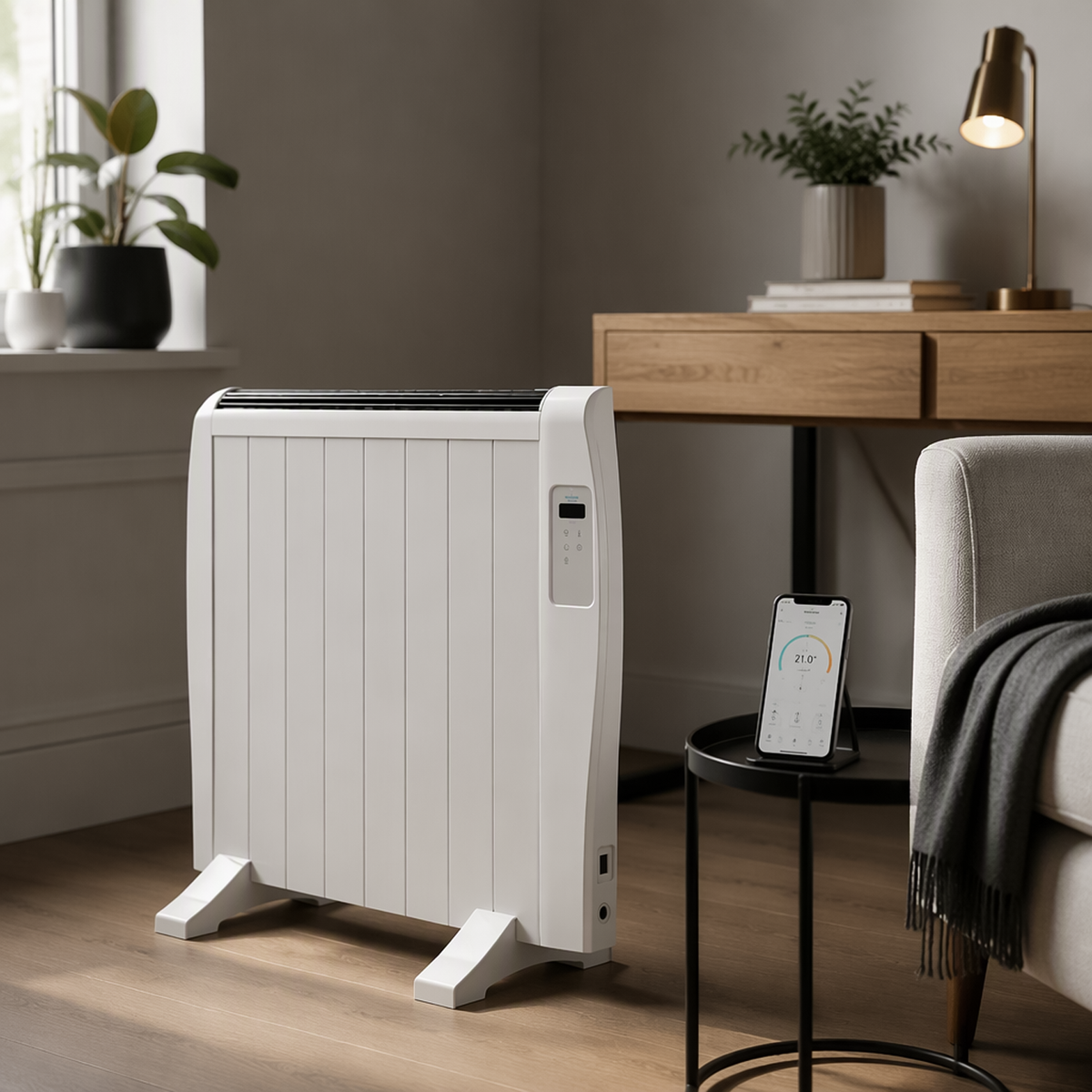 Freestanding electric thermal radiator in living room beside smartphone showing temperature control app.