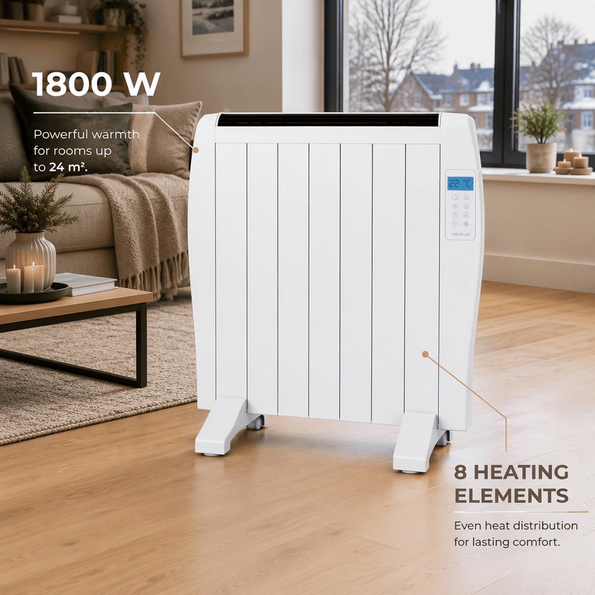 1800W electric thermal radiator with 8 heating elements standing on wood floor in living room.