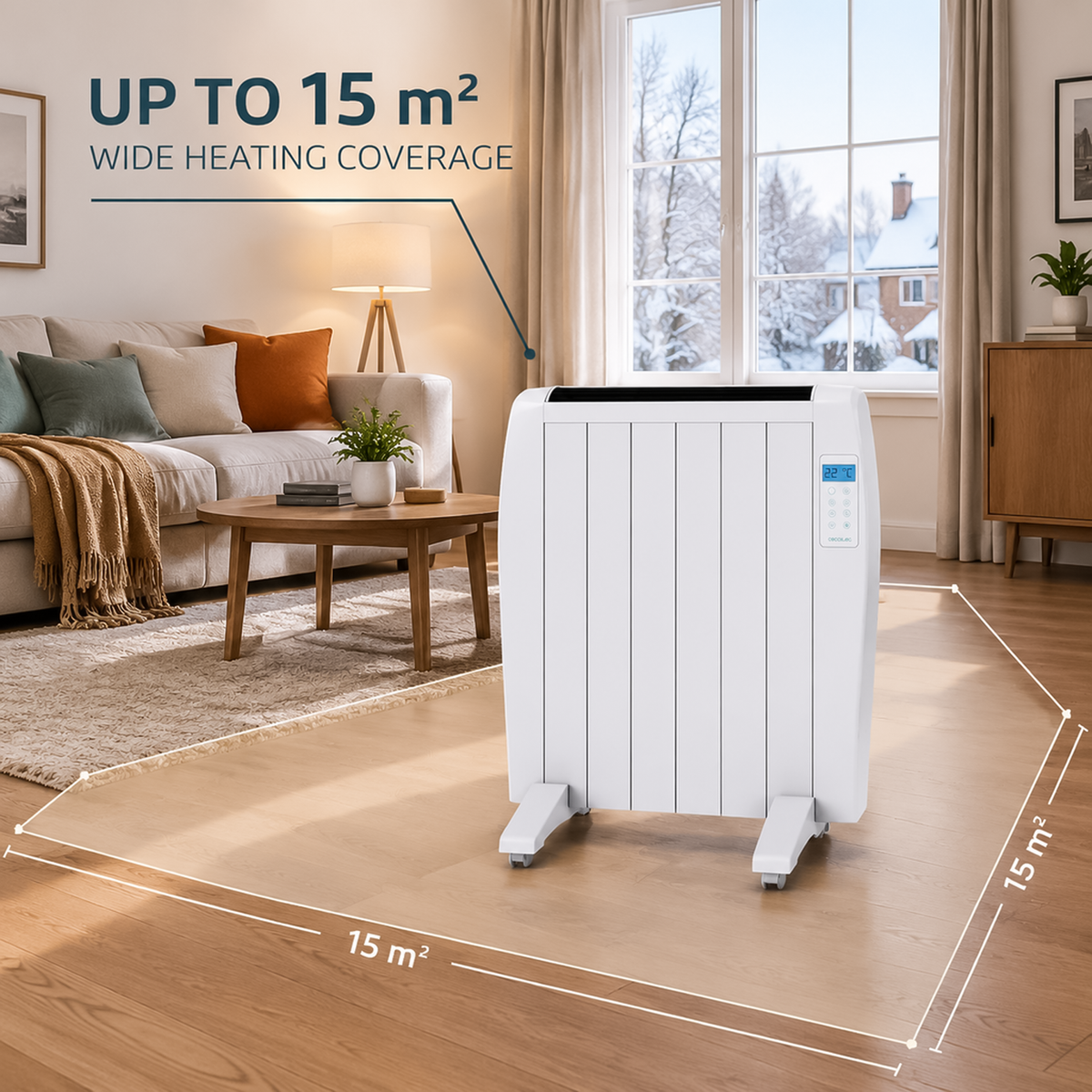Electric thermal radiator in living room highlighting wide heating coverage up to 15 m²