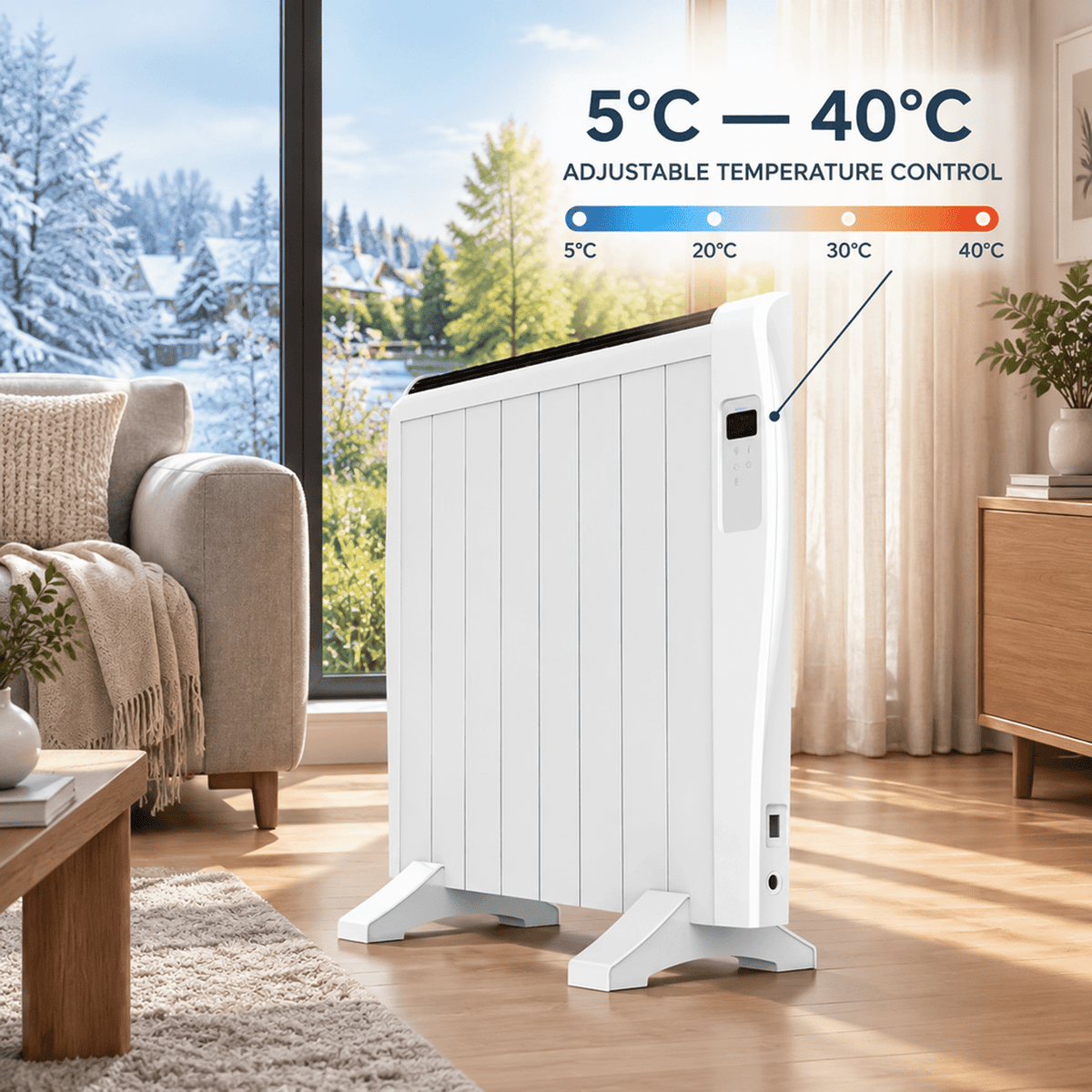 Side angle of electric thermal radiator illustrating adjustable temperature control from 5°C to 40°C.