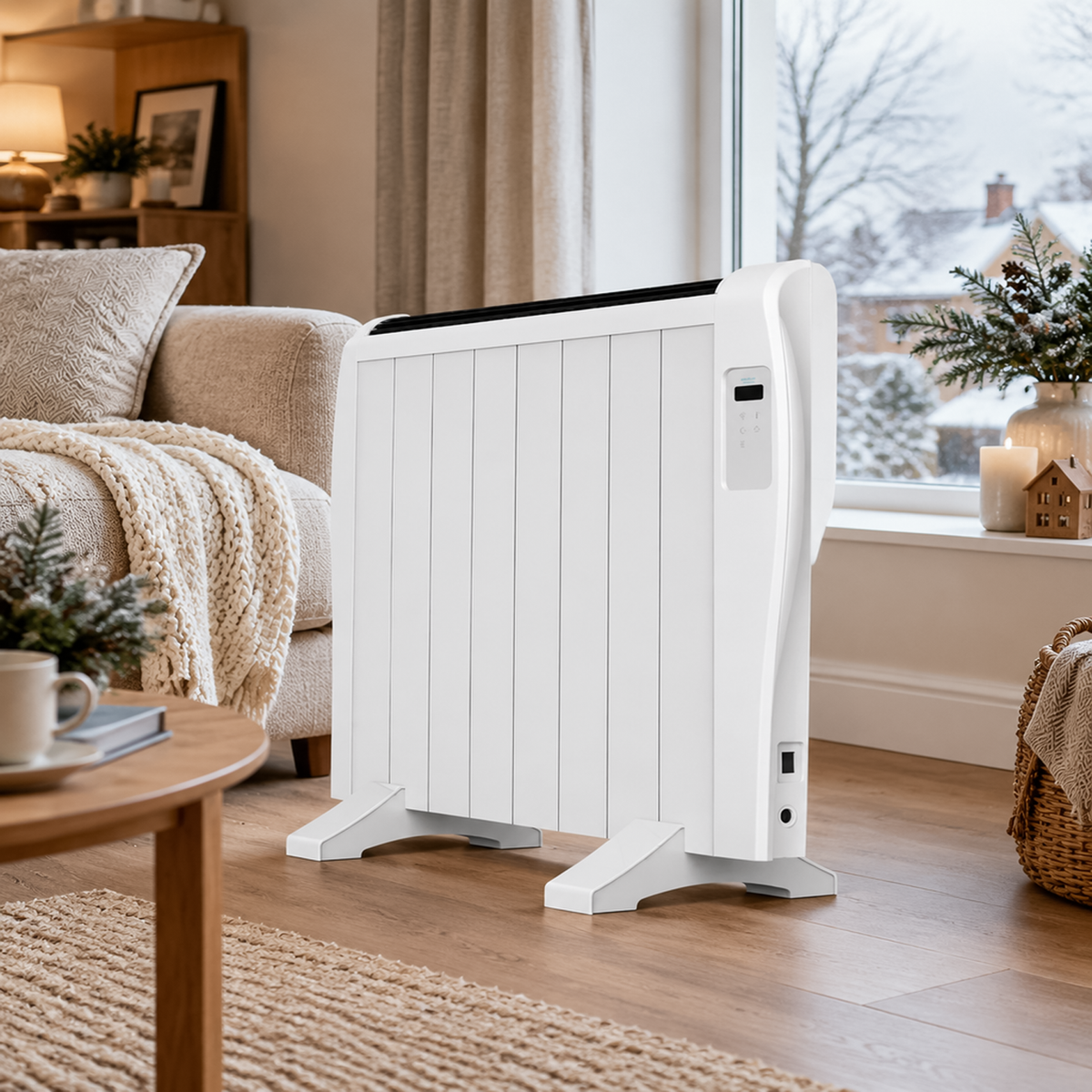 Freestanding electric thermal radiator in cosy lounge setting by window overlooking snowy trees.