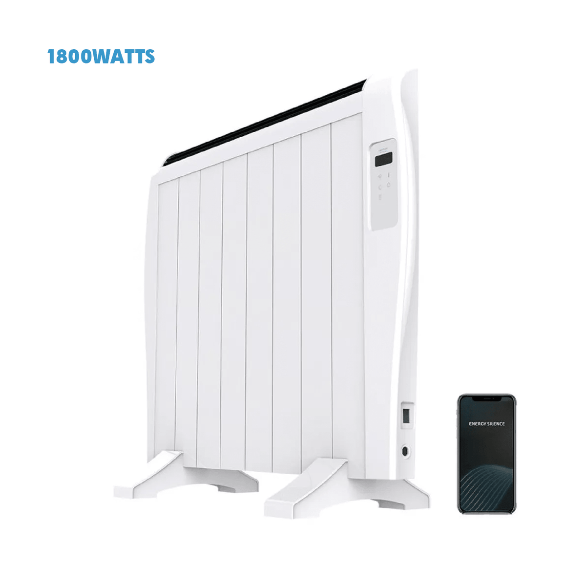 White 1800W 8-element electric thermal radiator with smartphone app control display.