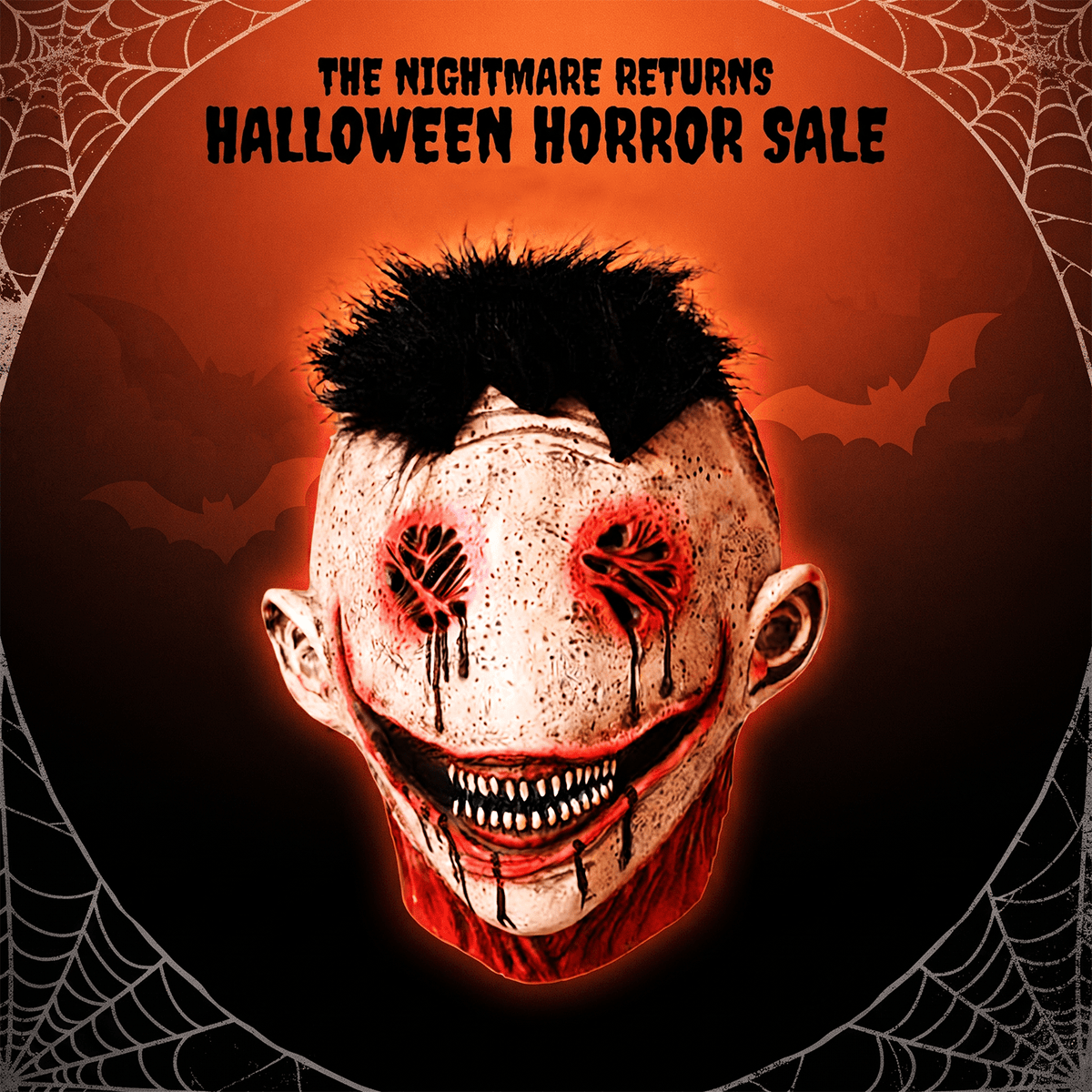 Creepy smile halloween mask promotional graphic with spider web border.