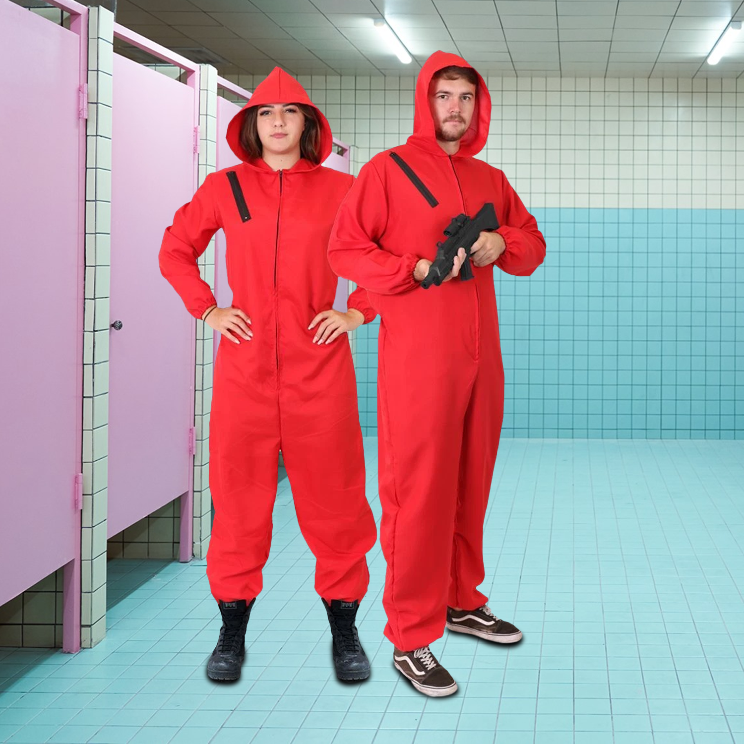 Red guard Squid Game costume with belt and gloves