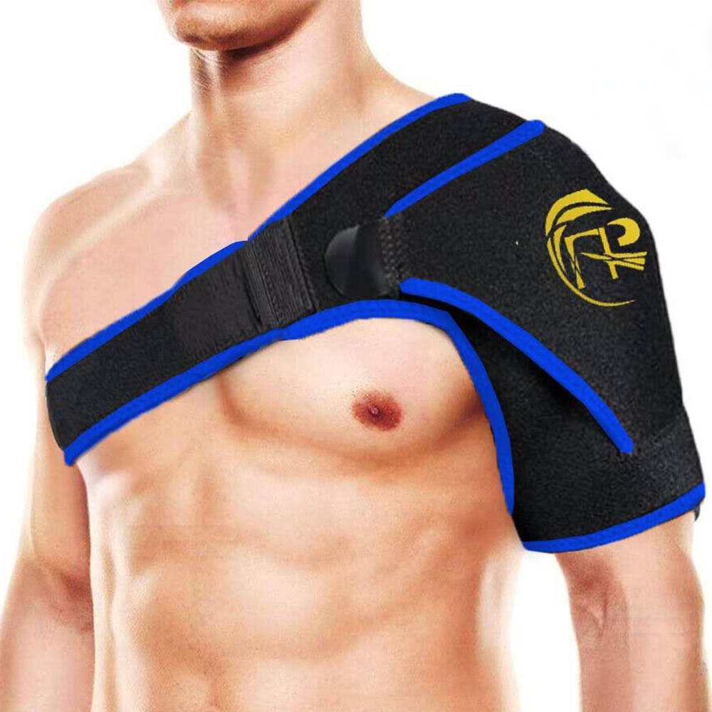 Black shoulder brace with blue accents