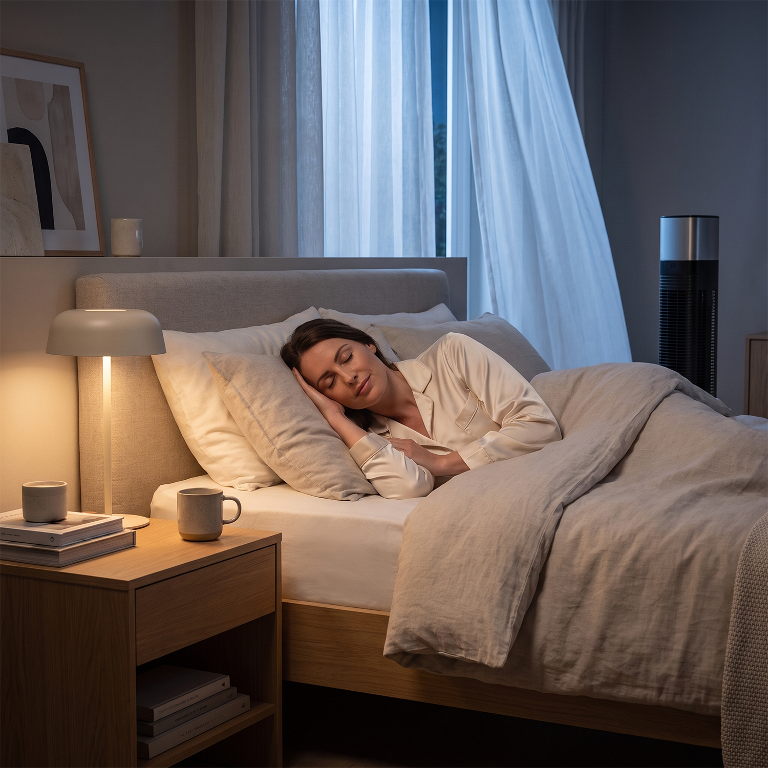 Woman sleeping peacefully in bed with quiet oscillating fan running in the background
