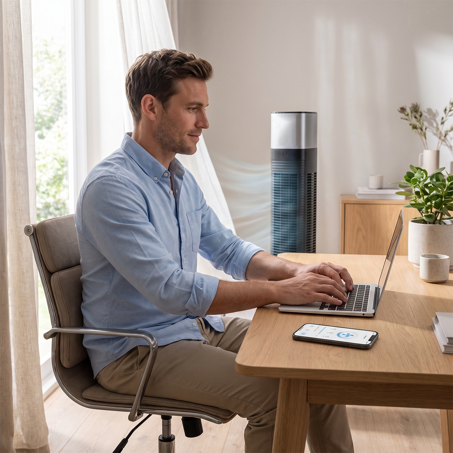 Man typing on laptop at wooden desk with modern slimline fan cooling the home office