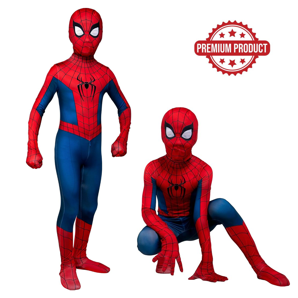 Standing and crouching poses of child wearing kids spiderman costume with web details.