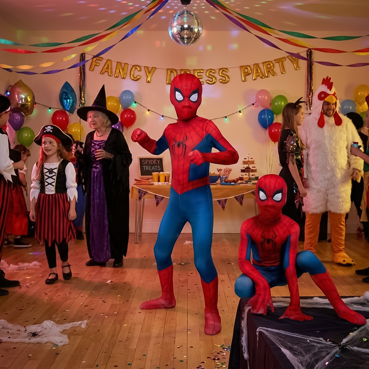 Group fancy dress party with children in kids spiderman costume posing under disco ball.