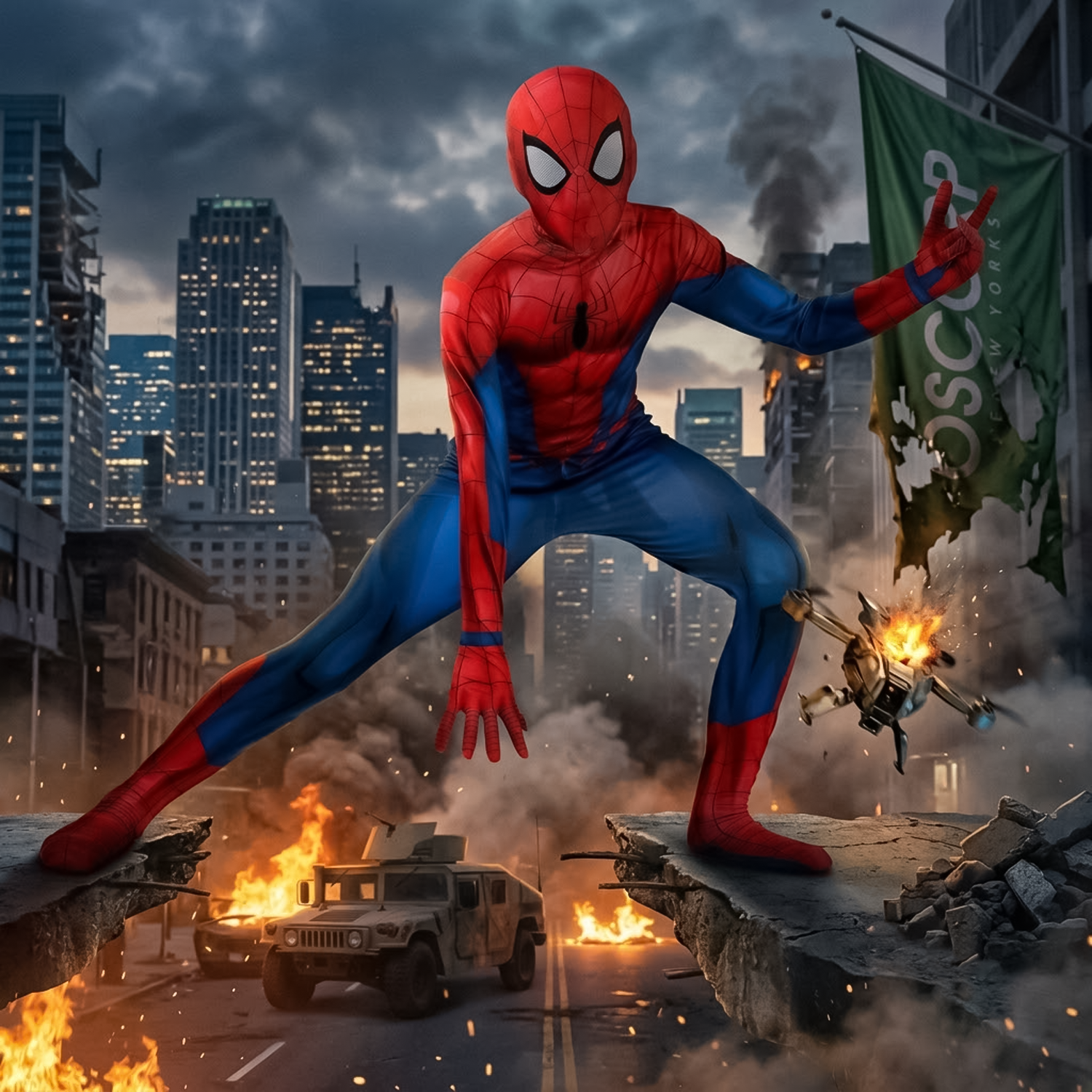 Spider-Man in a dynamic crouched pose on a cracked urban street