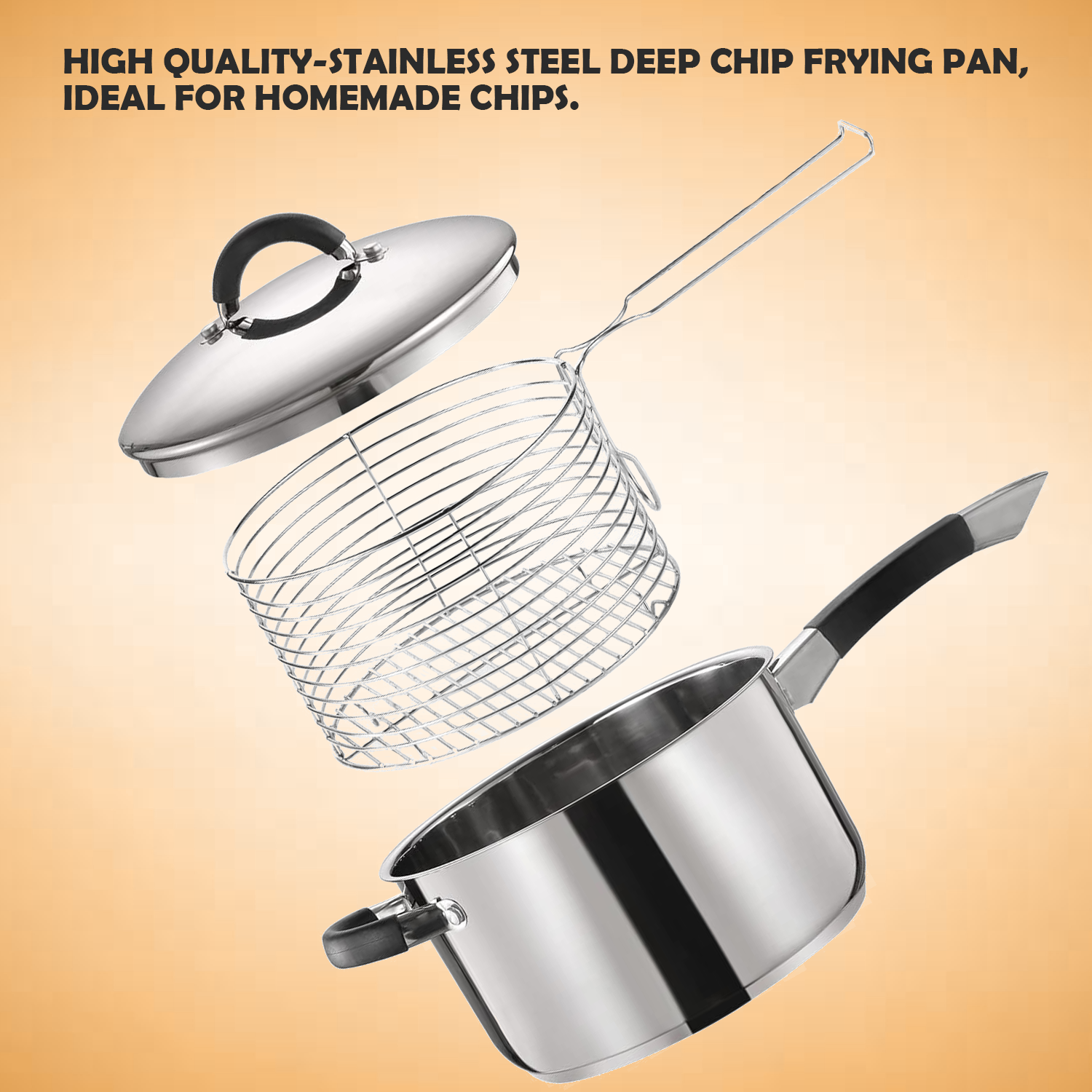 Stainless steel deep chip frying pan with lid