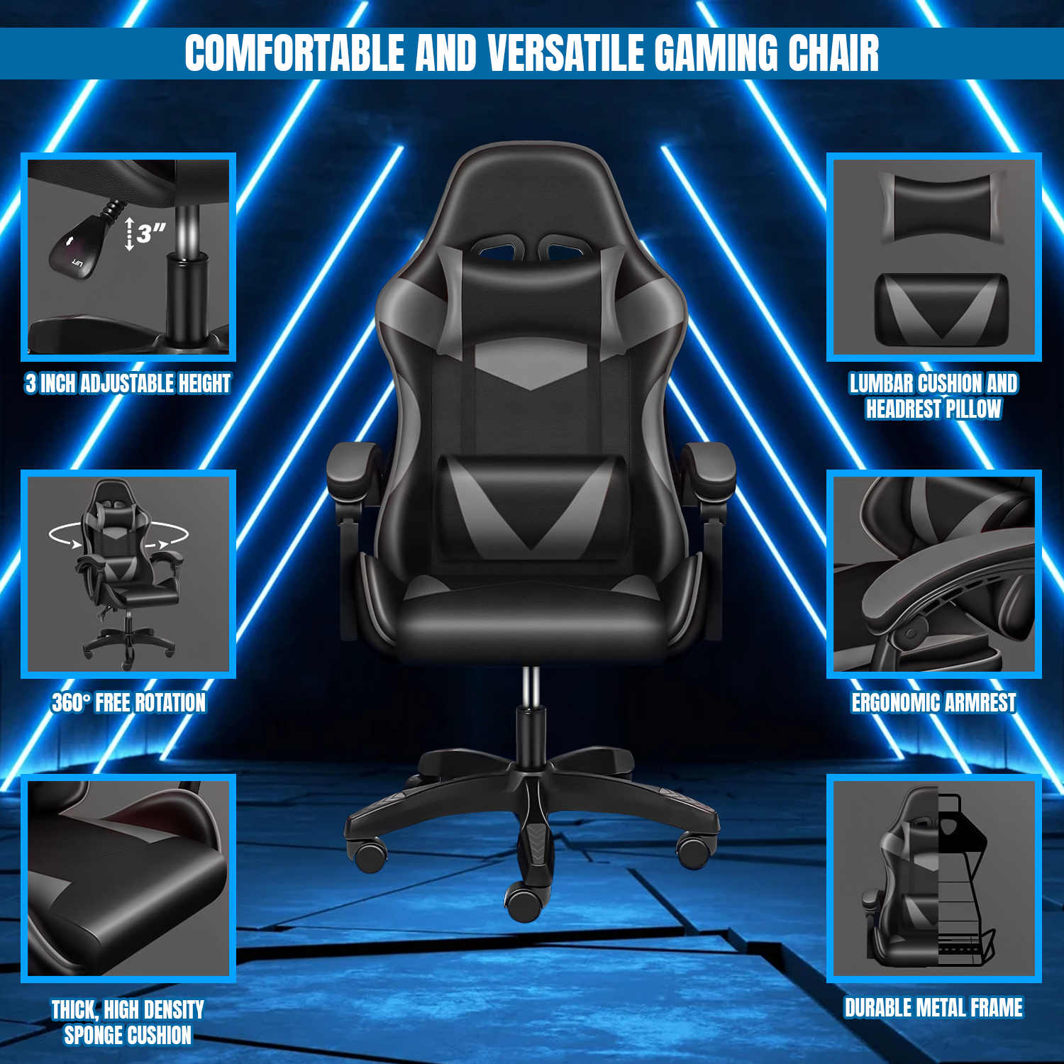 Swivel gaming chair with height adjustment