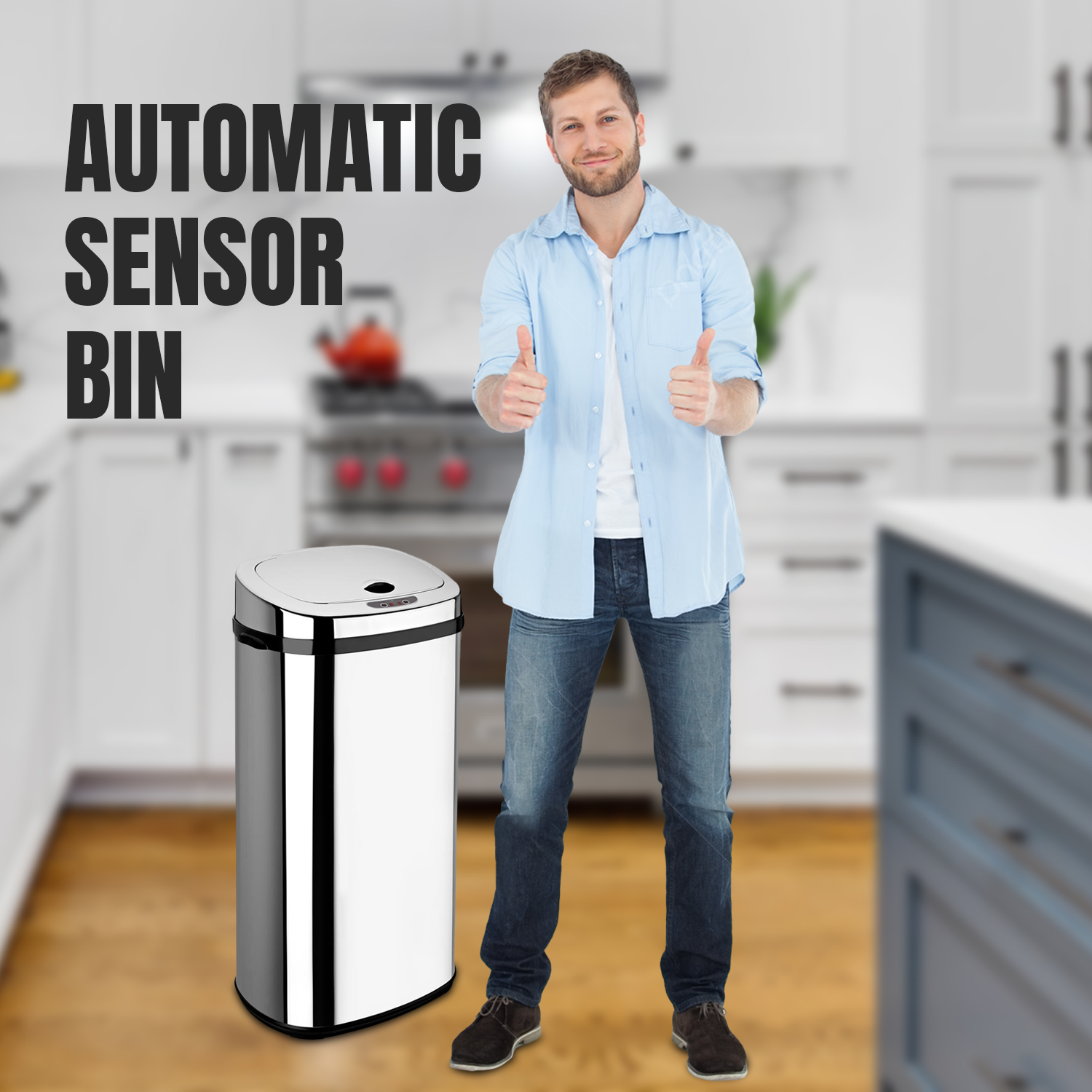 Touchless kitchen sensor bin with automatic lid