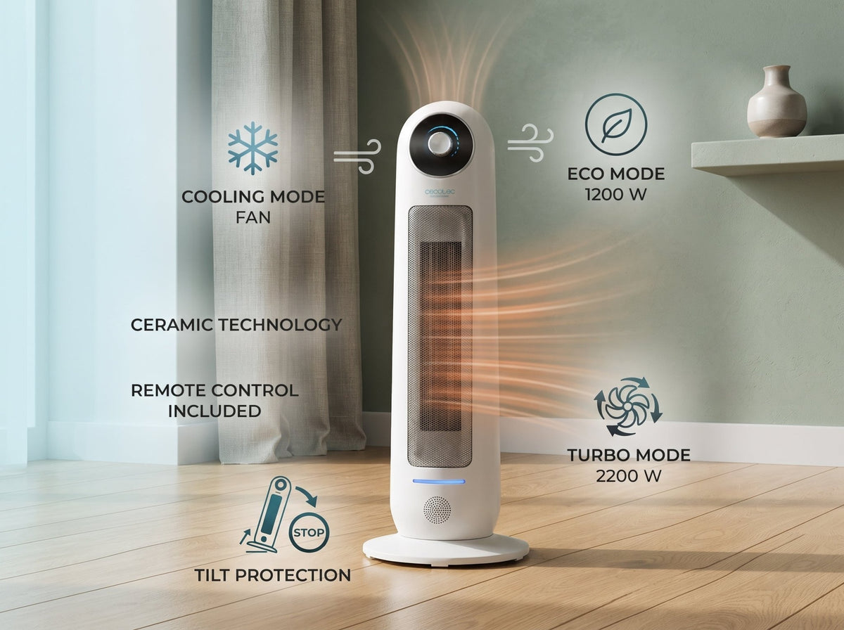 Diagram of oscillating ceramic tower heater showing cooling fan, eco mode, turbo and tilt protection.