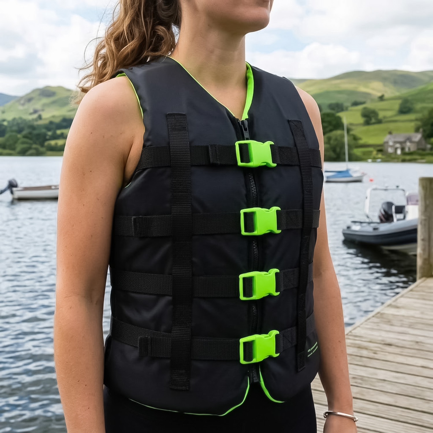 close up of lime green and black life jacket
