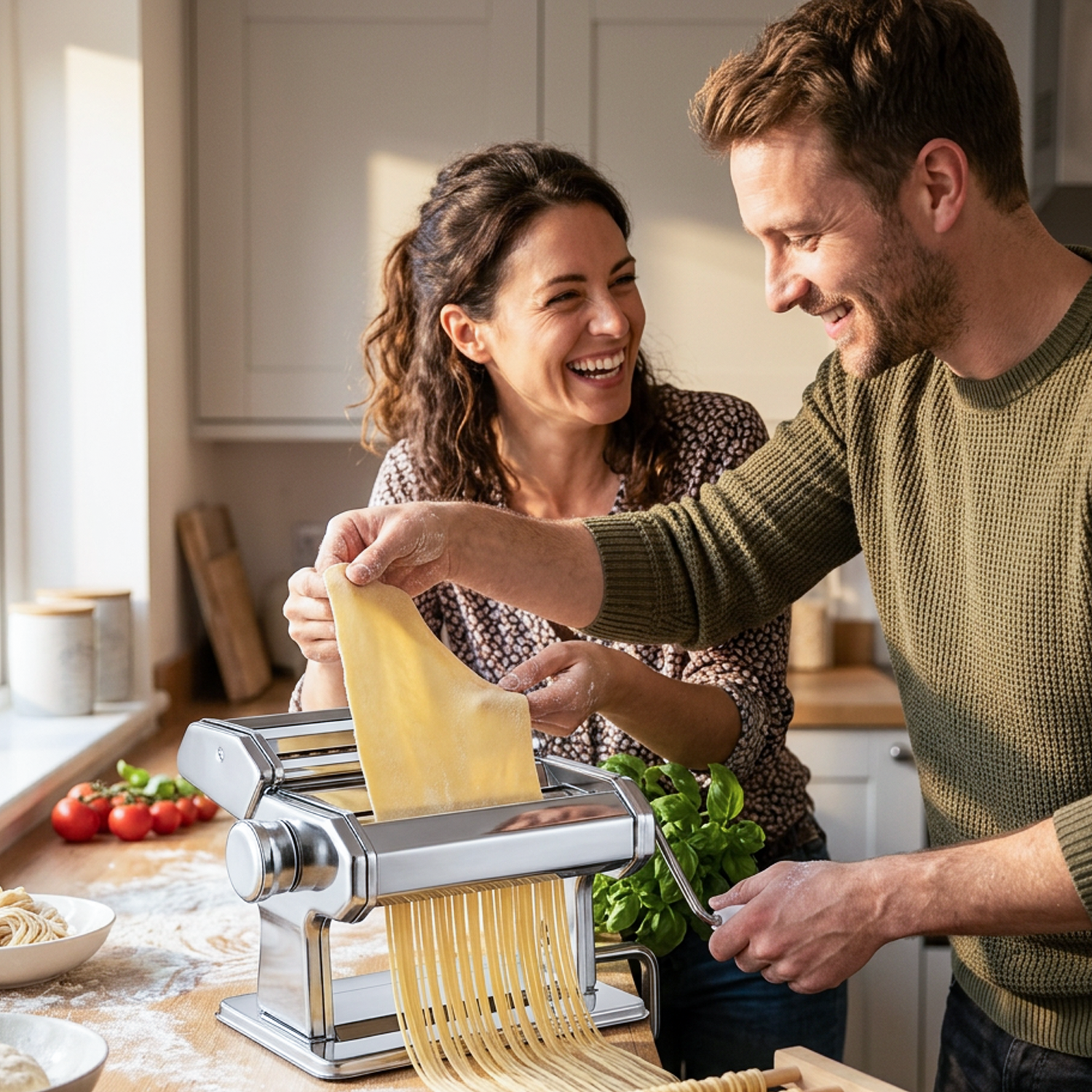 couple using pasta maker