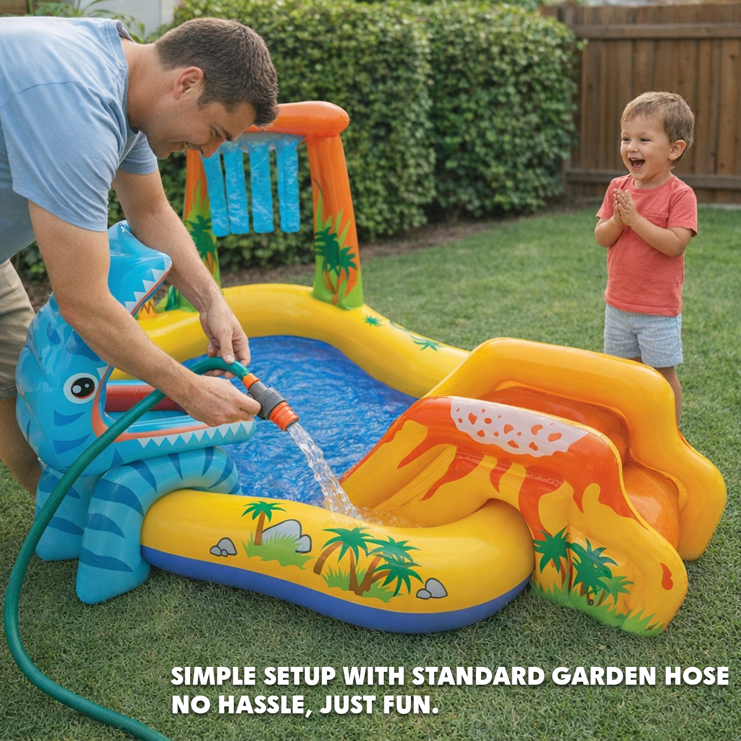 father and son with paddling pool