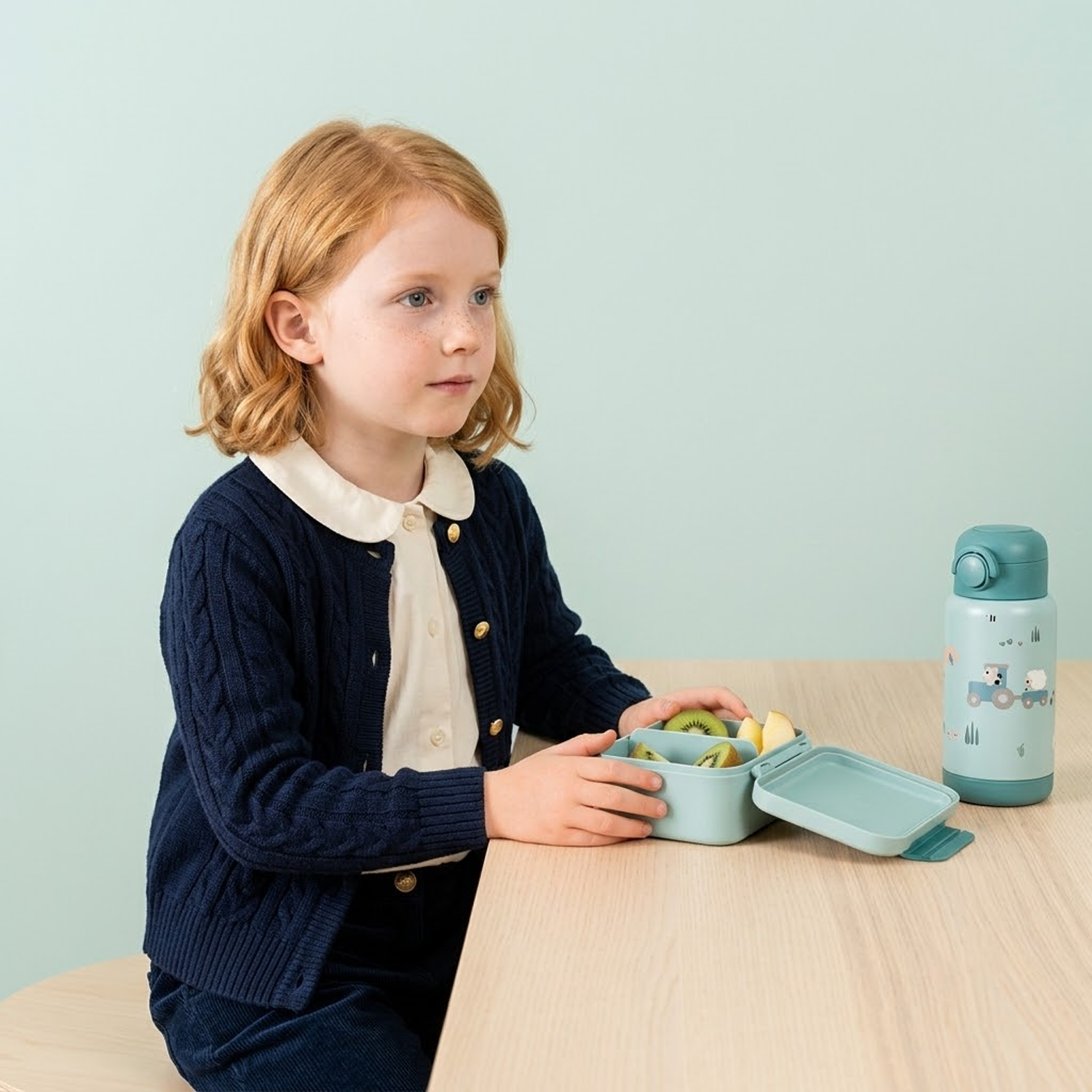 kid with straw bottle and lunch box