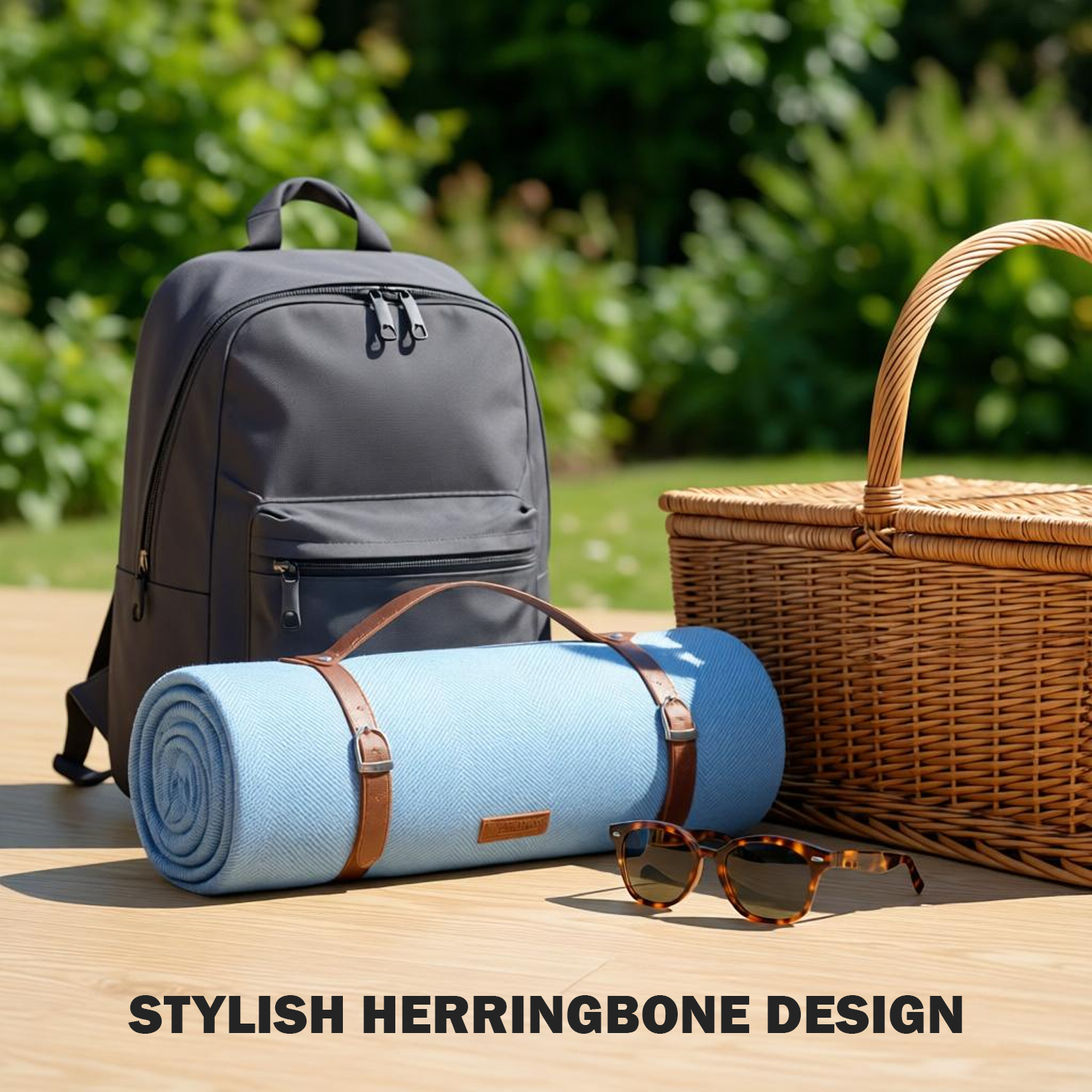 light blue waterproof picnic blanket besides bag and basket