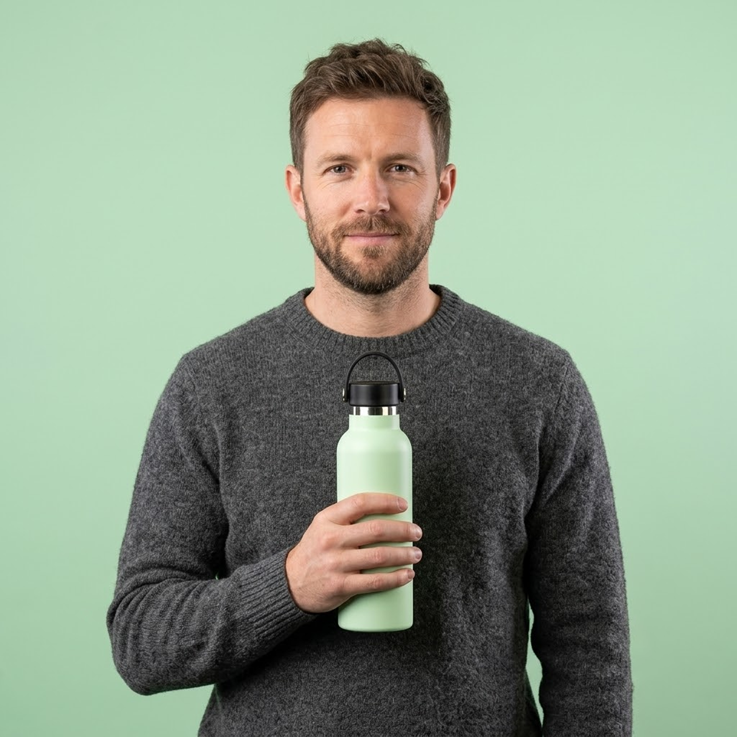man holding light green bottle