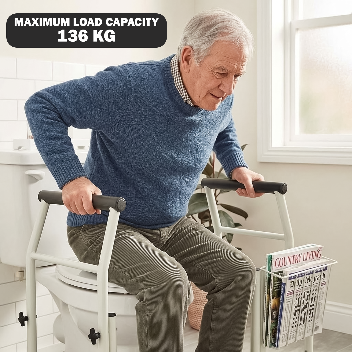 man using standing toilet frame