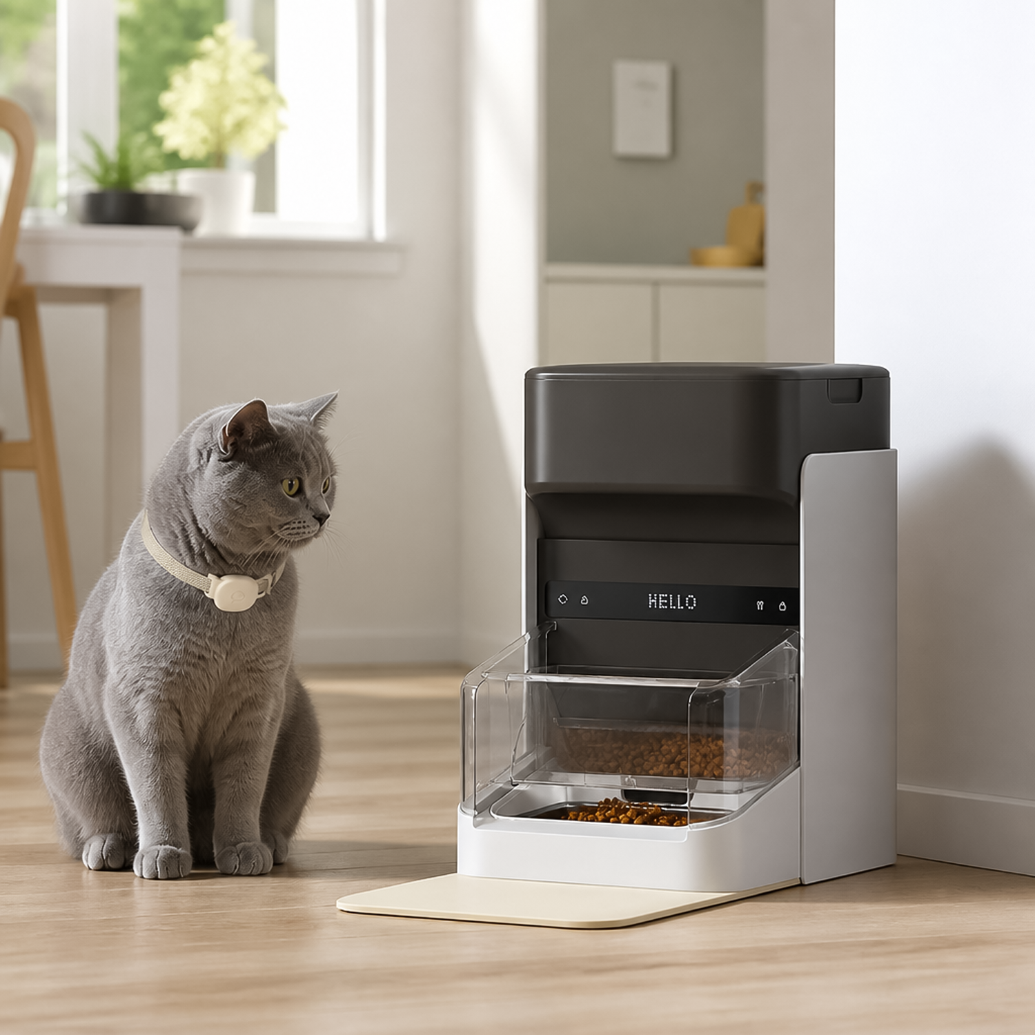 Grey cat wearing RFID tag collar sitting next to smart automatic cat feeder with LED greeting display