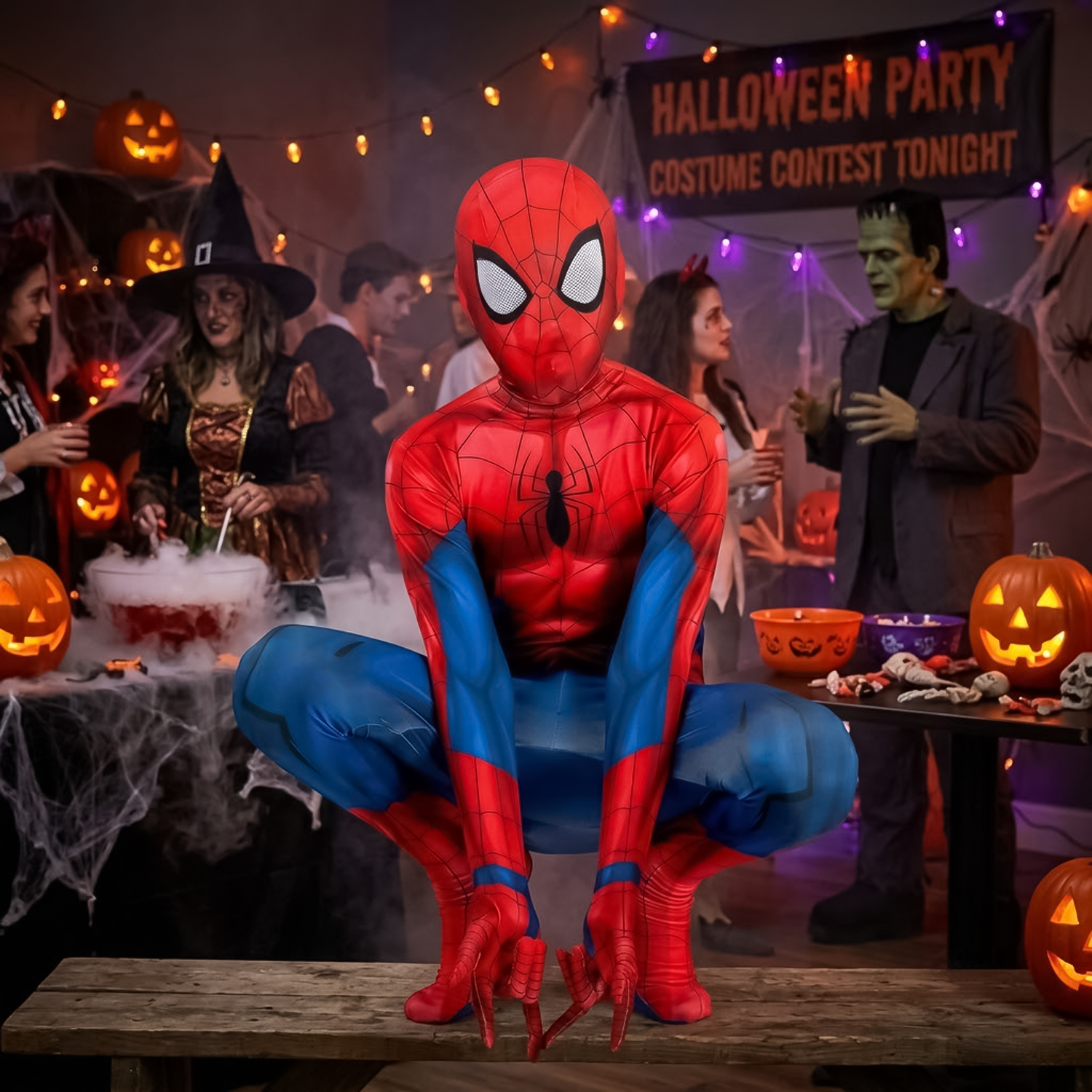 spider-man posing in a halloween party