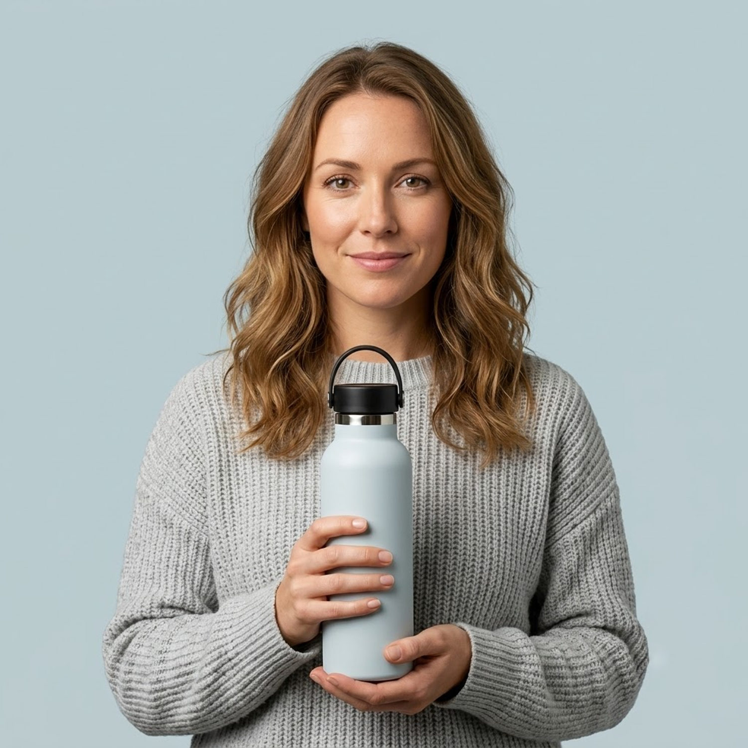 woman holding light blue variant