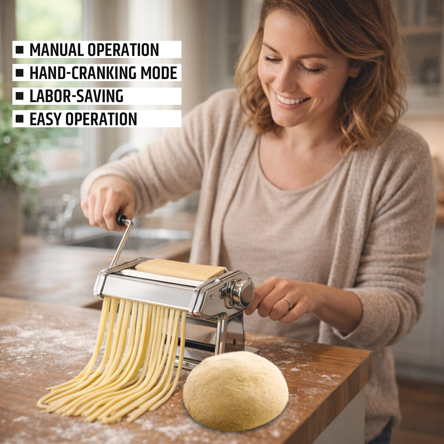 woman using pasta maker machine to make pasta
