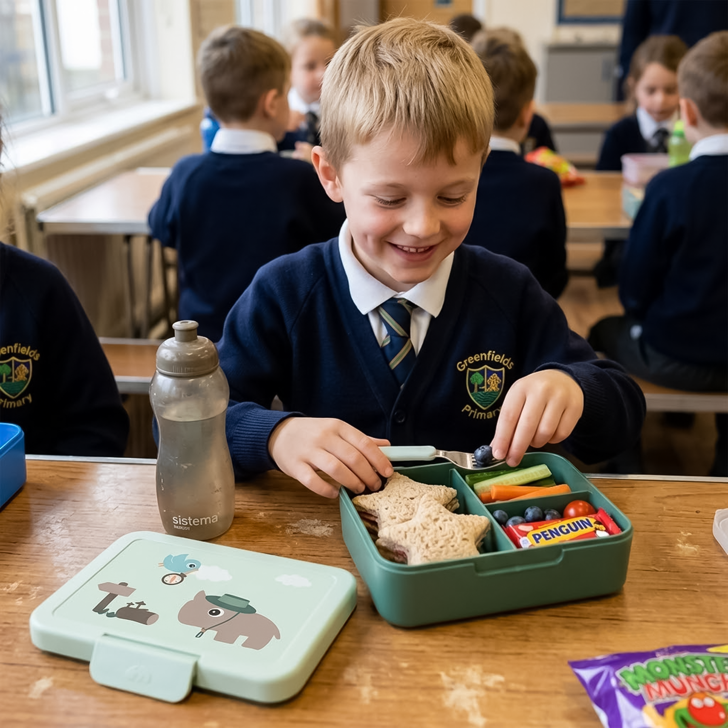 young boy with lunch box