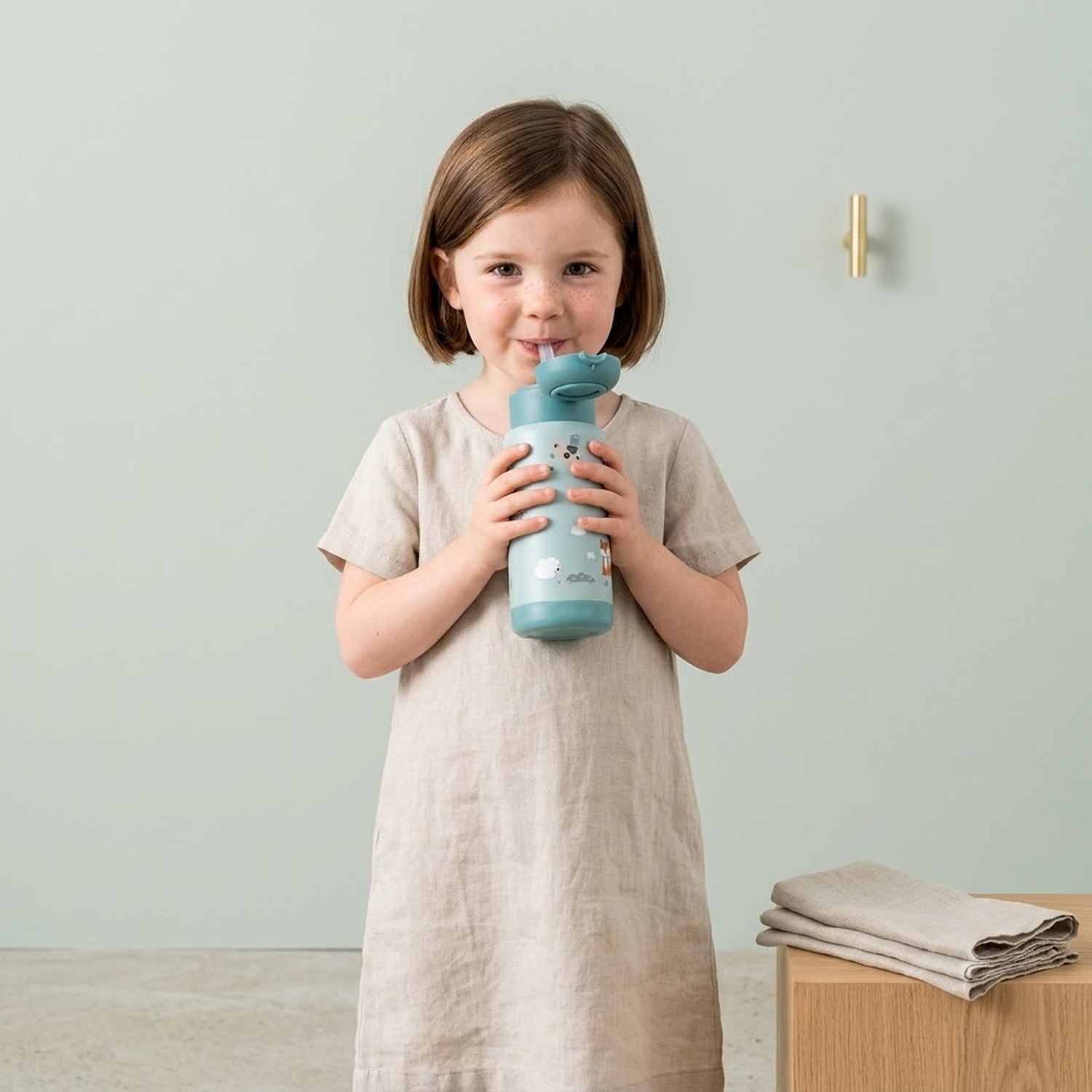 young girl drinking from farm blue bottle