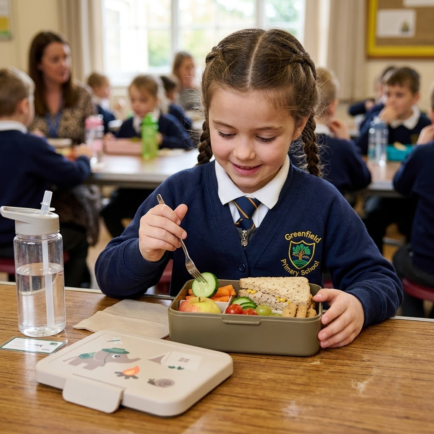 young girl in uniform eating from lunch box with a fork