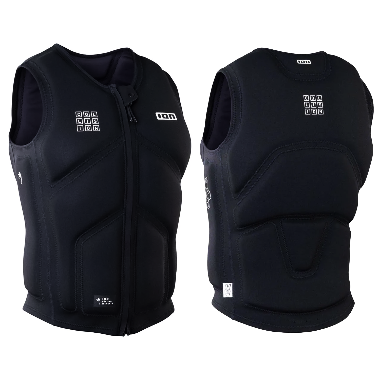 Front and back view of black wakeboard impact protection vest showing segmented foam padding