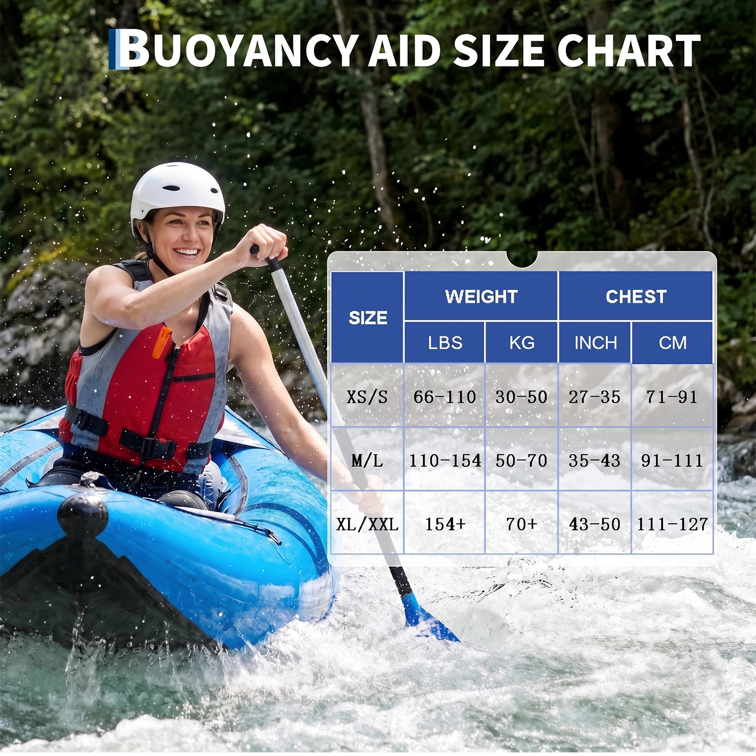 Buoyancy aid size chart showing weight and chest measurements with kayaker on river