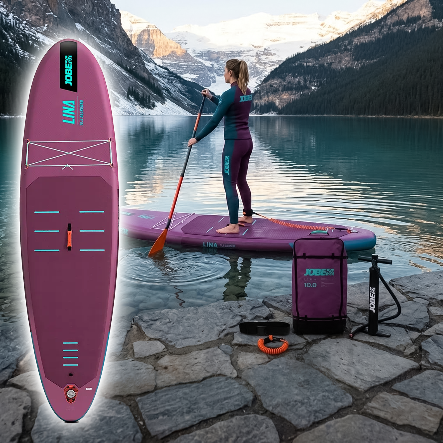 Woman paddling on a purple inflatable stand up paddle board with pump and carry backpack on the shore
