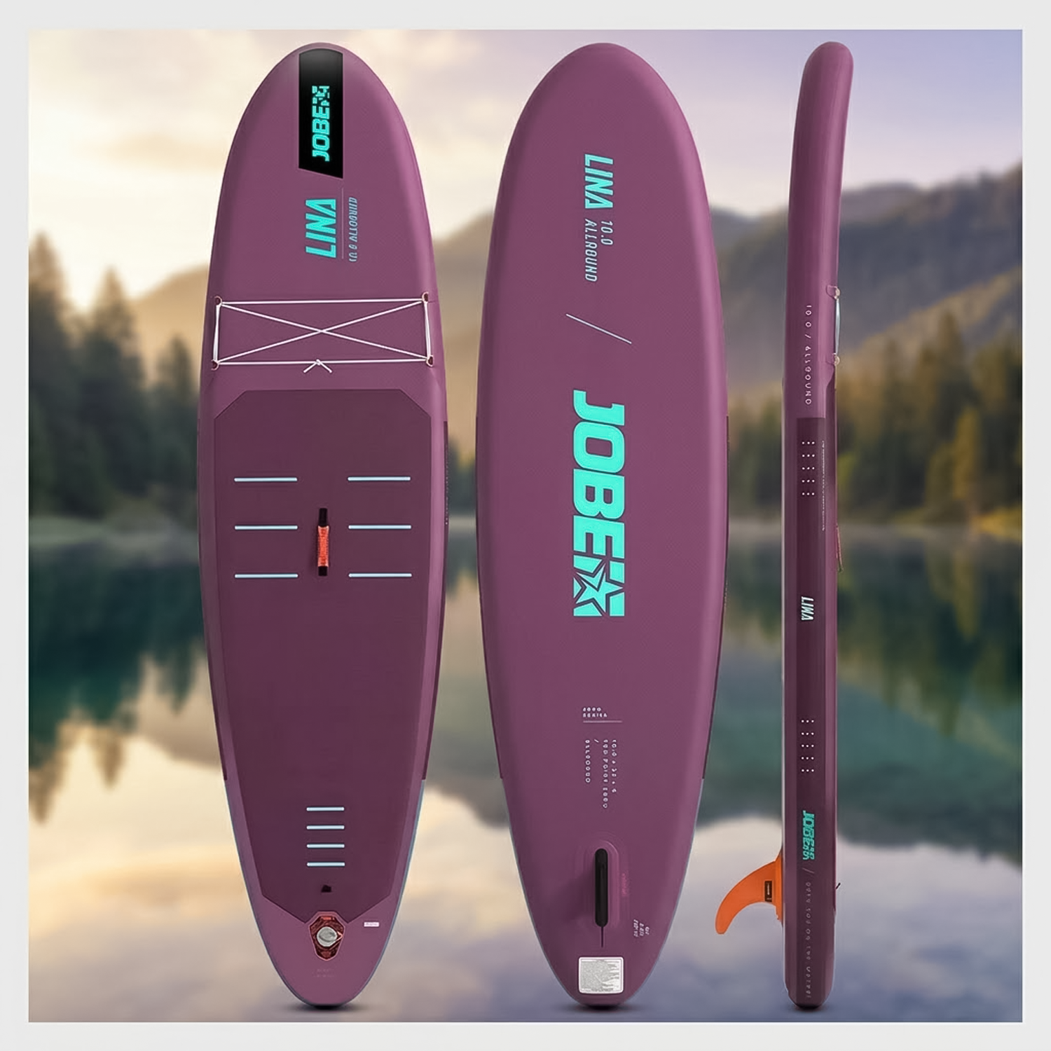 Top, bottom, and side profile view of purple inflatable stand up paddle board with orange removable fin