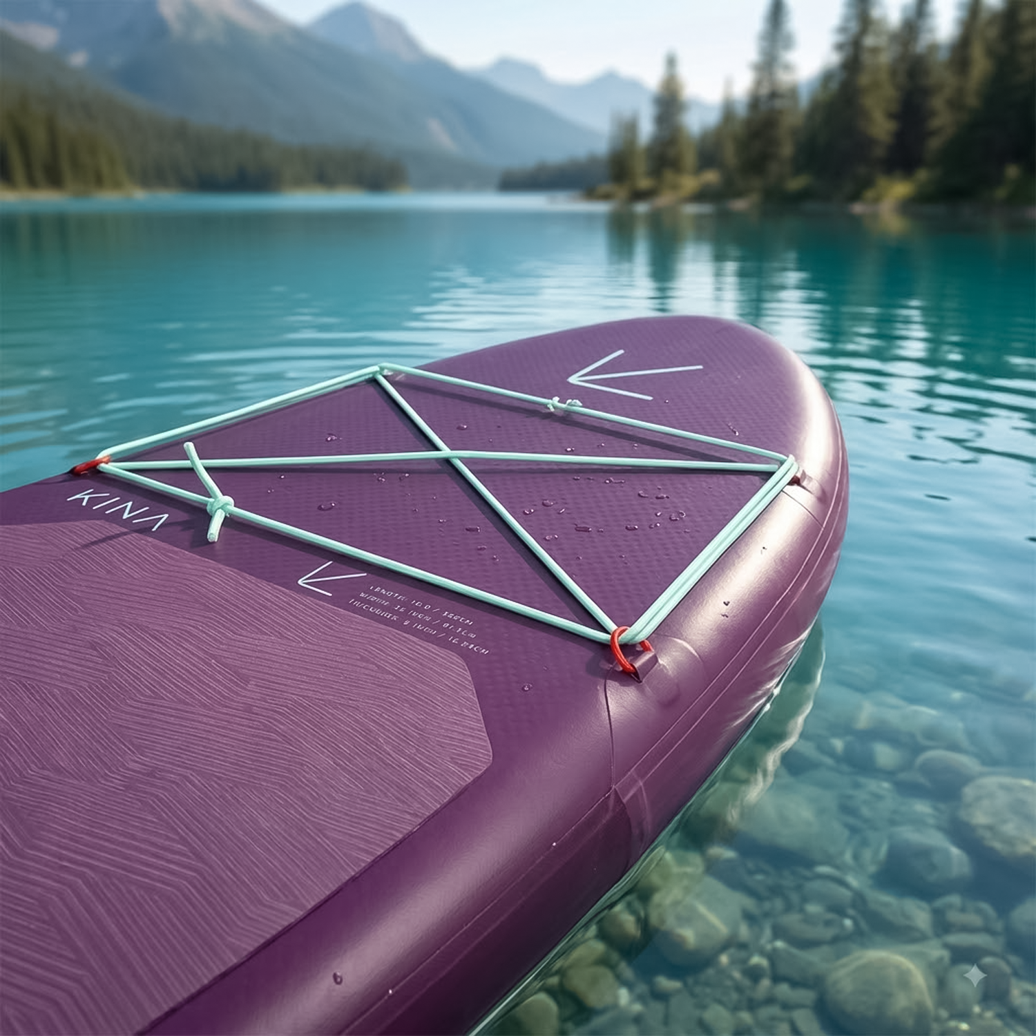 Front nose and elastic luggage cords on purple SUP floating in clear turquoise water